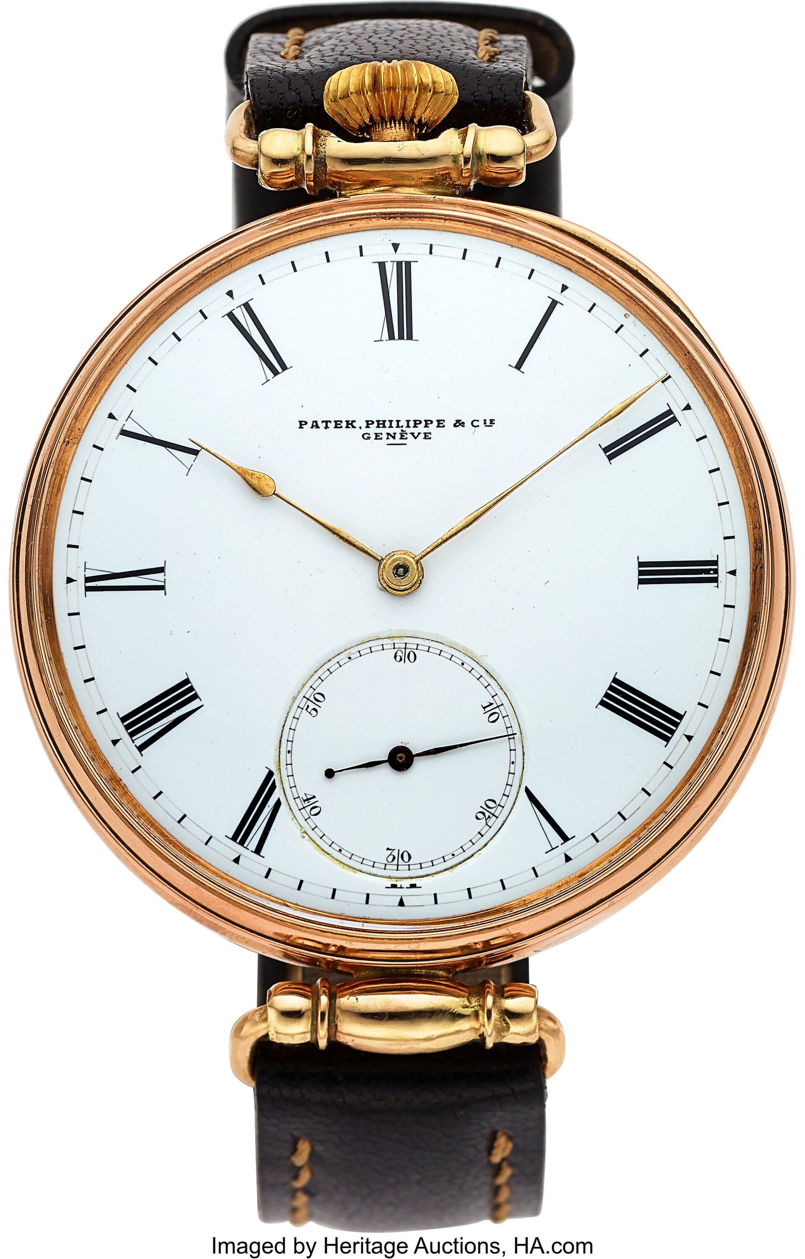 Patek Philippe & Cie, Early Keyless 18k Gold Poc: Patek Philippe & Cie, Early Keyless 18k Gold Pocket/Wristwatch Case: 49 mm, 18k gold, three body, transparent case back, finely made center mount lugs with 