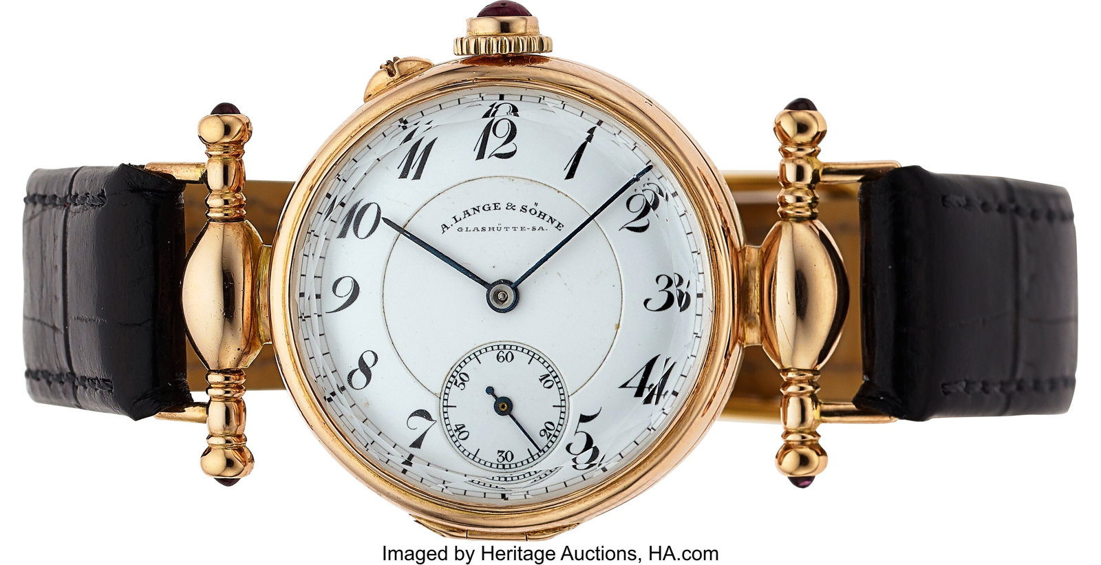 A. Lange and Söhne Custom Made 12k Gold Wristwa: A. Lange and Söhne Custom Made 12k Gold Wristwatch Case: 31 mm, 12k yellow gold, hinge-set case with ruby adorned crown and mobile T-form center mount lugs, and fac