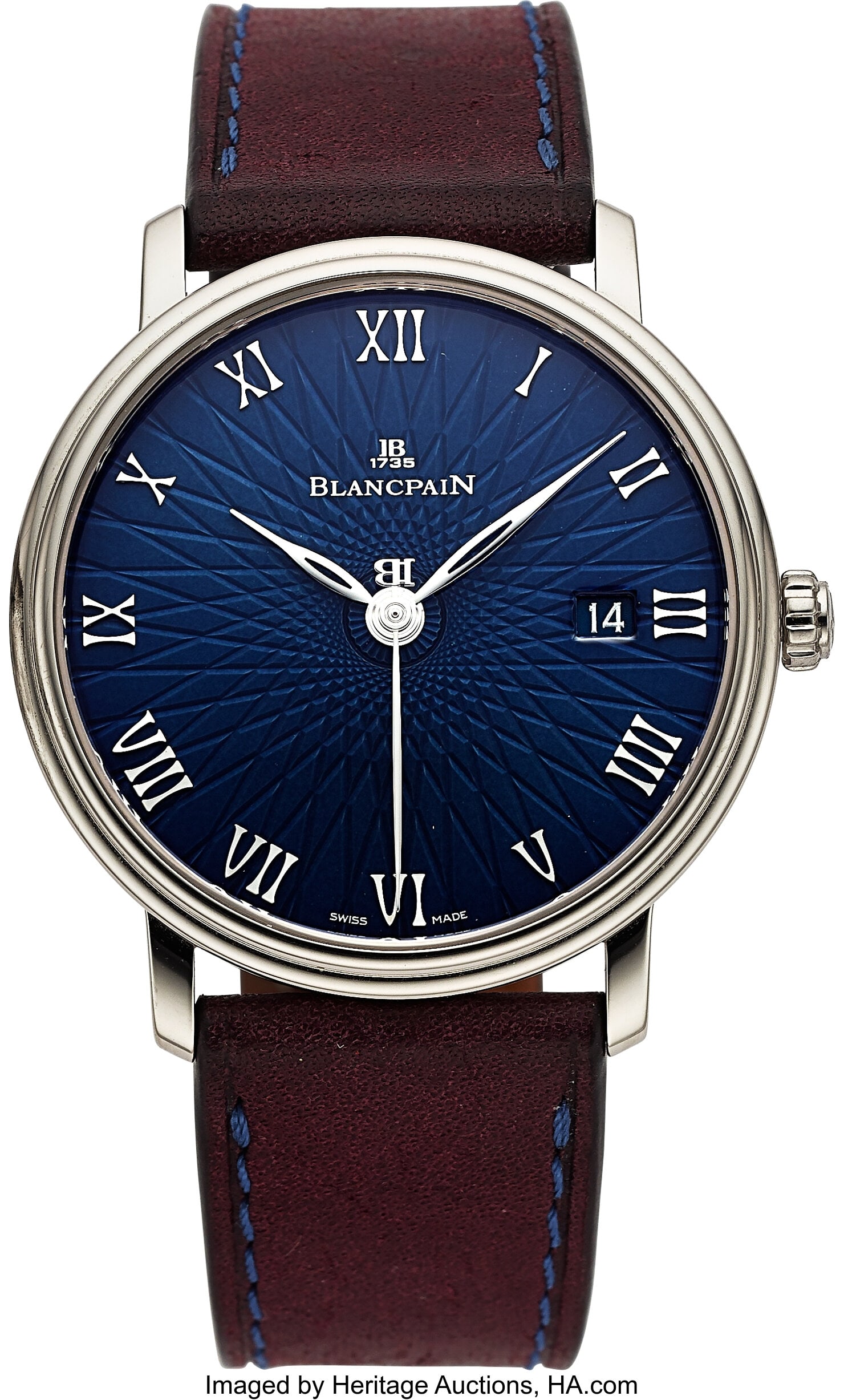 Blancpain Villeret, 18k White Gold, Dark Blue Et: Blancpain Villeret, 18k White Gold, Dark Blue Etched Dial Case: 37 mm, 18k white gold, three body, snap-on exhibition case back, stepped bezel, No&perio