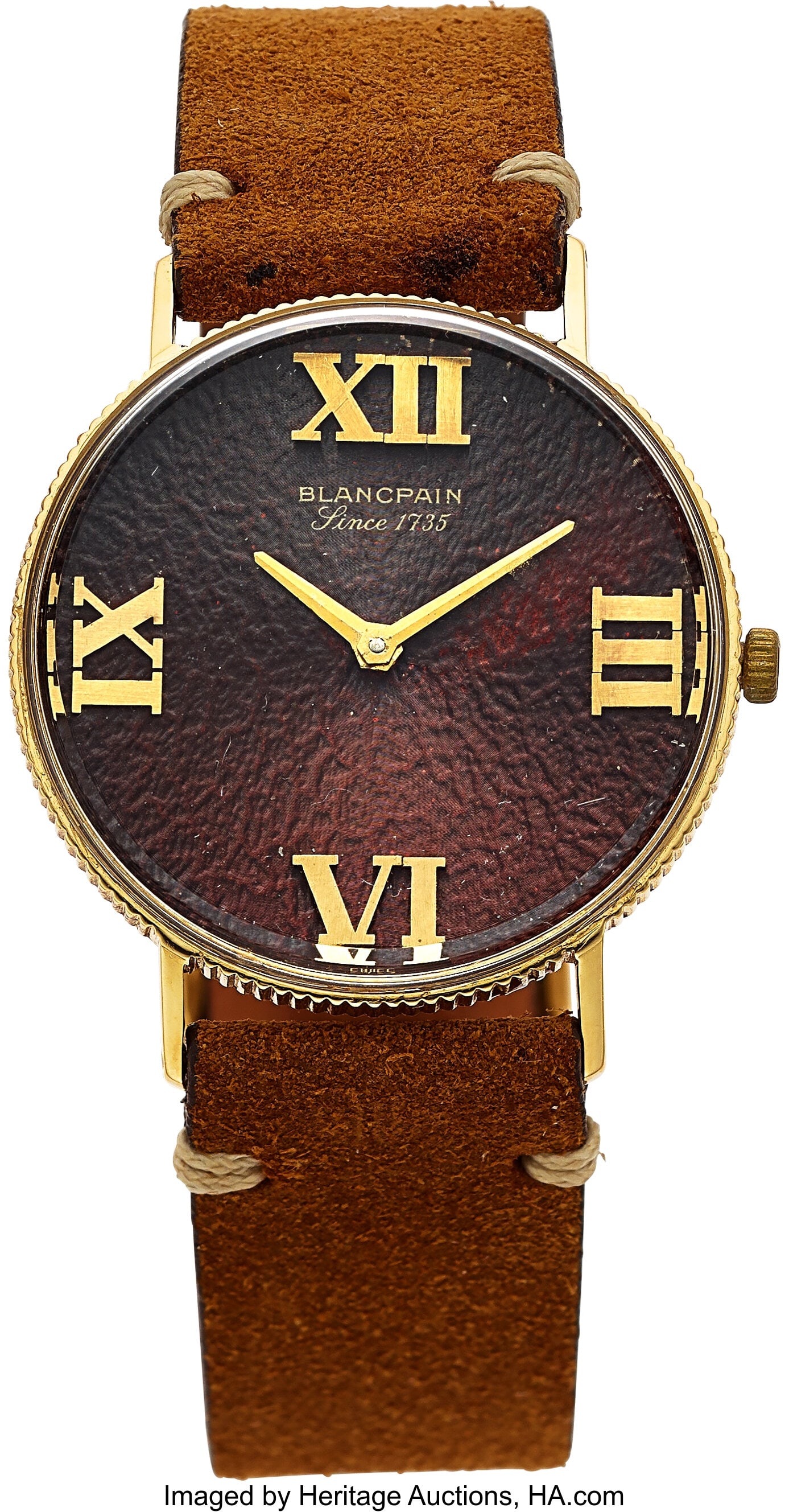 Blancpain Le Brassus, 18k Yellow Gold, Copper Fe: Blancpain Le Brassus, 18k Yellow Gold, Copper Feather Finish Dial, Ref. 23225 Case: 33 mm, 18k yellow gold, two body, snap-on case back, coin