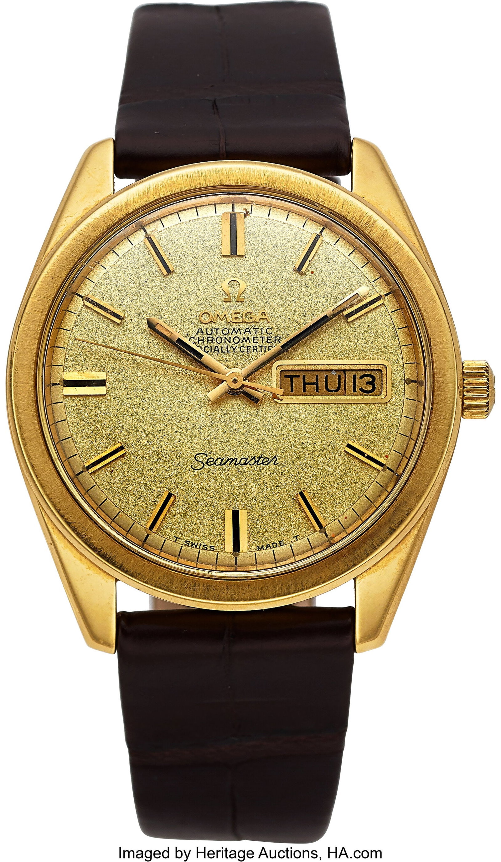 Omega 18k Gold Seamaster, Ref. 168.023 circa 196: Omega 18k Gold Seamaster, Ref. 168.023 circa 1968 Case: 36 mm, 18k yellow gold, solid screw back with embossed logo, polished and brushed Dial: