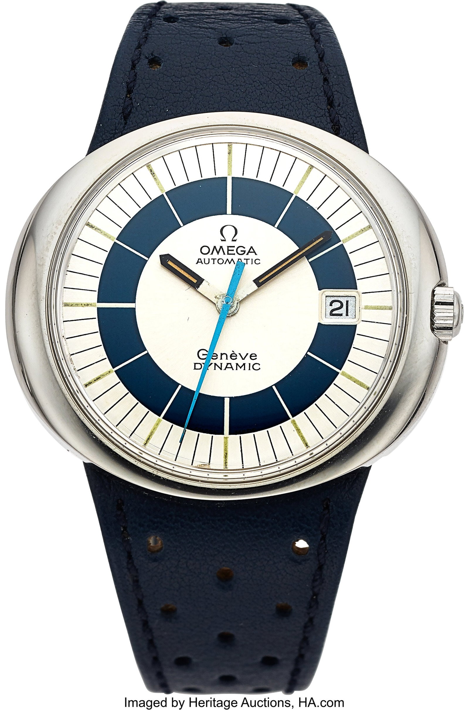 Omega Dynamic Automatic, 41 mm, Stainless Steel : Omega Dynamic Automatic, 41 mm, Stainless Steel Case: 41 mm x 36 mm, stainless steel, two body, screw-down case back Dial: silvered dial, blue chapter r