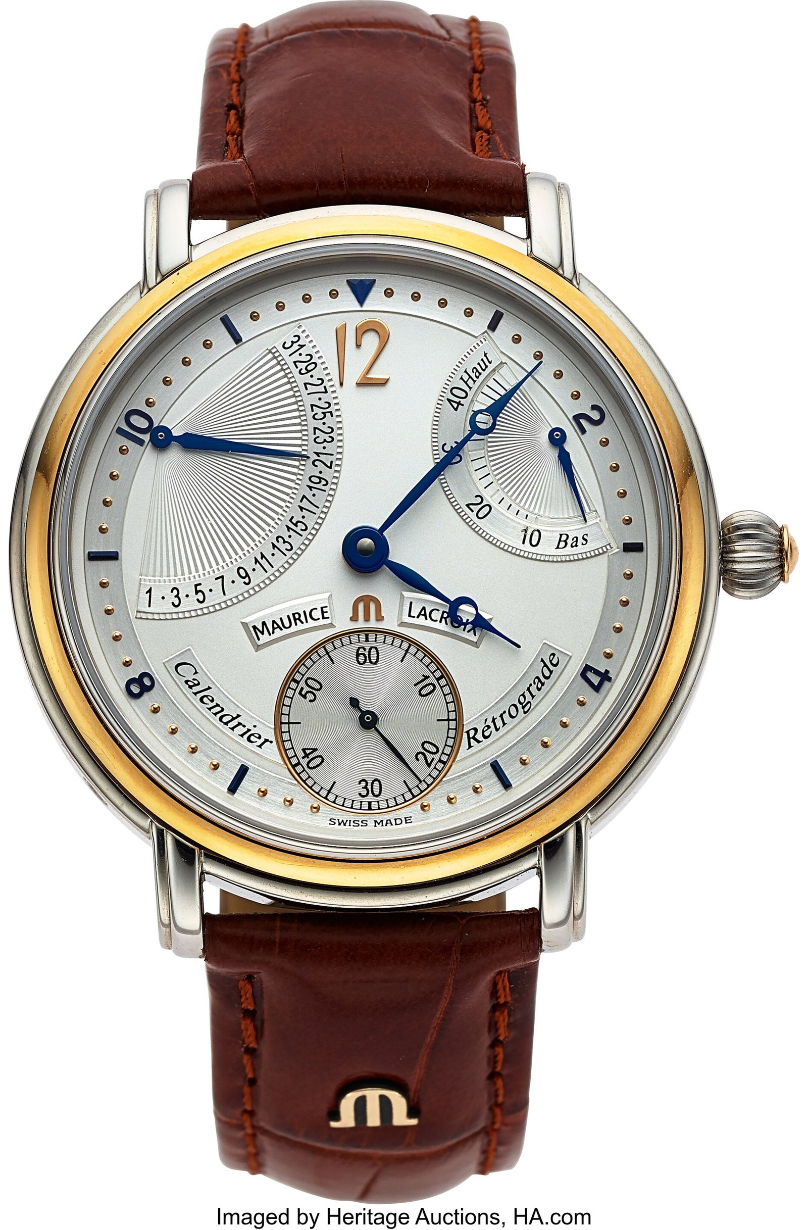 Maurice LaCroix Masterpiece Calendrier Rétrogra: Maurice LaCroix Masterpiece Calendrier Rétrograde, Two Tone Steel and 18k Rose Gold, Ref. 76840 Case: 42 mm, stainless steel and 18k rose gold, three body&c