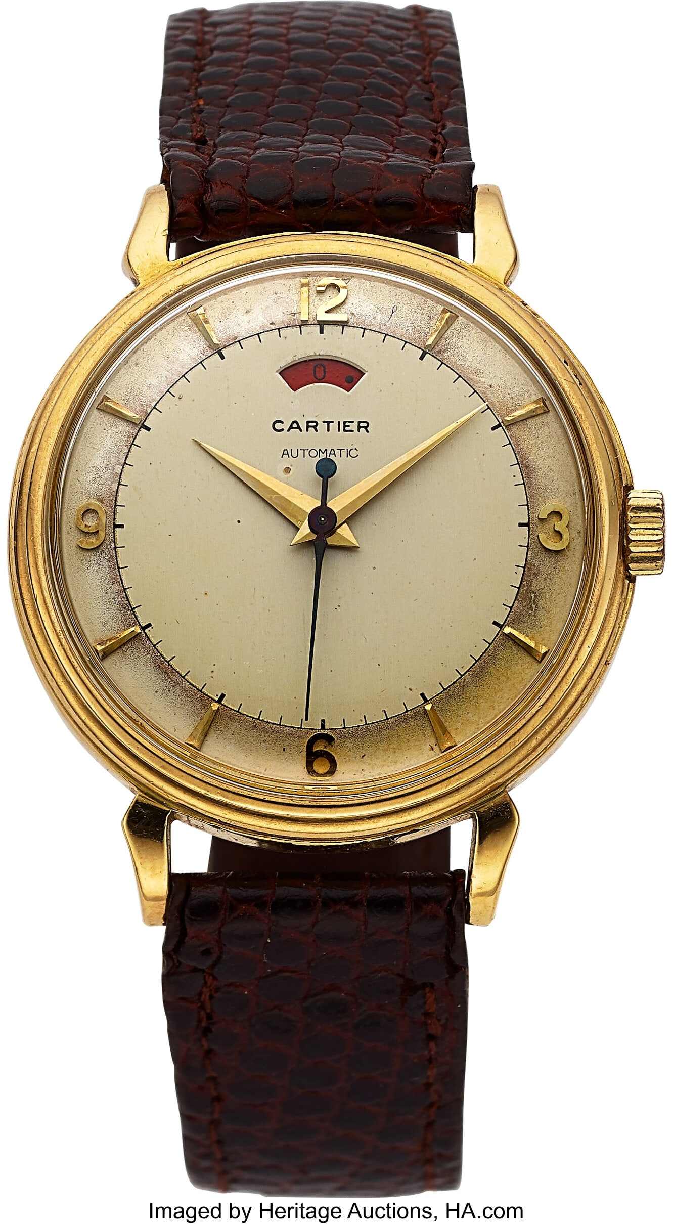 LeCoultre/Cartier 18k Automatic With Power Indic: LeCoultre/Cartier 18k Automatic With Power Indicator, circa 1950 Case: 33 mm, 18k gold, tow body, solid case back Dial: two tone silver, inclined edge&com