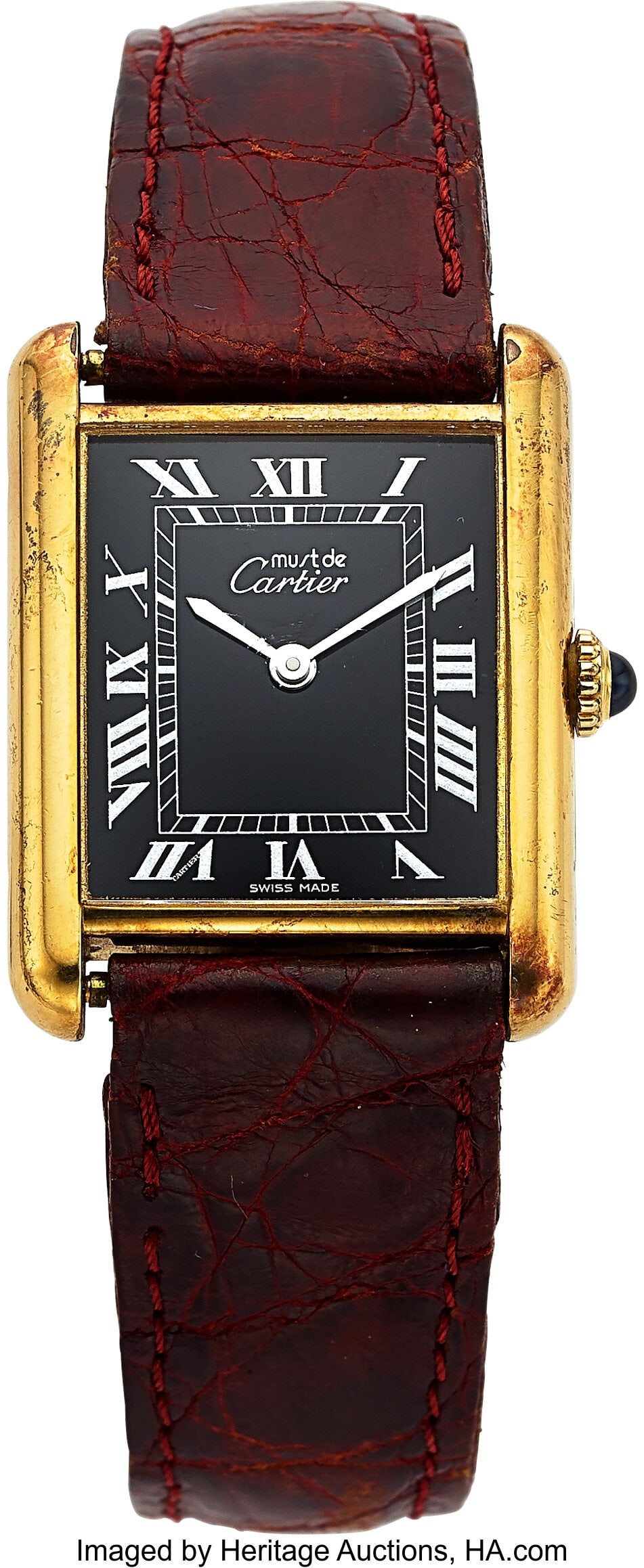Cartier Vintage Must de Tank, Gold Plated, Ref. : Cartier Vintage Must de Tank, Gold Plated, Ref. 925 Case: 23 mm x 30 mm, gold plated, two body, No. 6'199109 Dial: black dial, white Roman