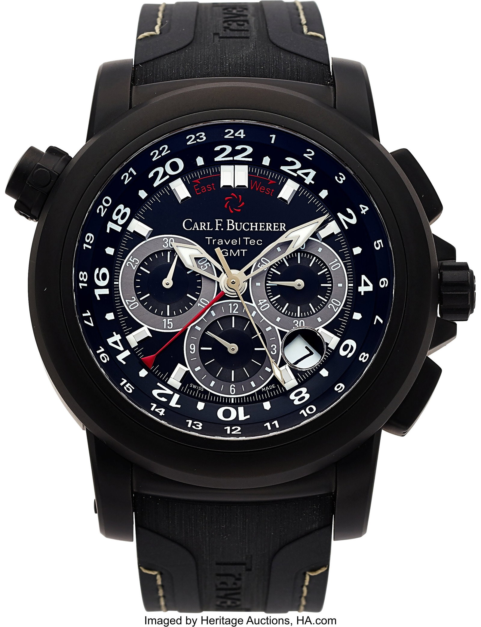Carl F. Bucherer Traveltec GMT, Ref. 10620.12 C: Carl F. Bucherer Traveltec GMT, Ref. 10620.12 Case: 47 mm, black DLC coated steel case, three body, six screw case back, fixed domed bezel&comm