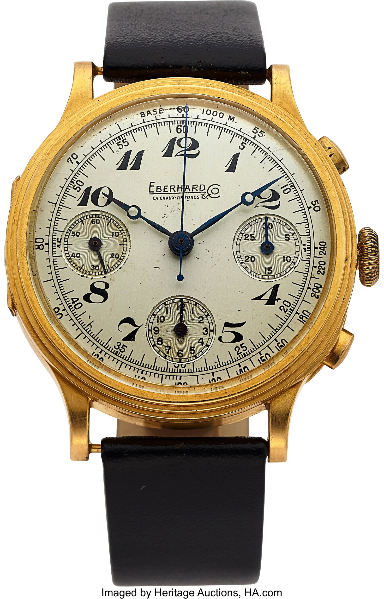 Eberhard & Co. Large Three Register 18k Gold Chr: Eberhard & Co. Large Three Register 18k Gold Chronograph With Hack Lever, circa 1940's Case: 38 mm, 18k yellow gold, hinged case back, stepped bezel, chr
