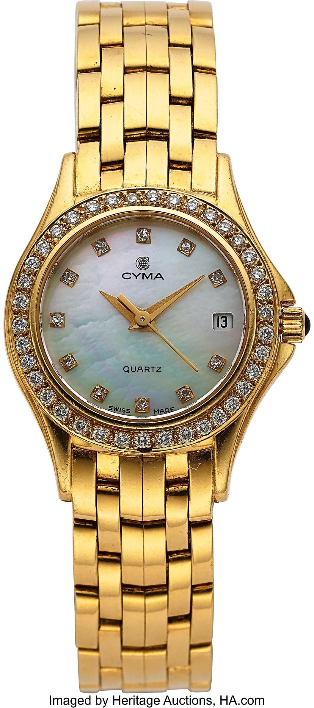 Cyma Lady's 18k Gold, Diamond and Pearl Wristwat: Cyma Lady's 18k Gold, Diamond and Pearl Wristwatch Case: 24 mm, 18k gold case and band, two body, solid back, diamond bezel Dial: Mother of Pearl, diamo