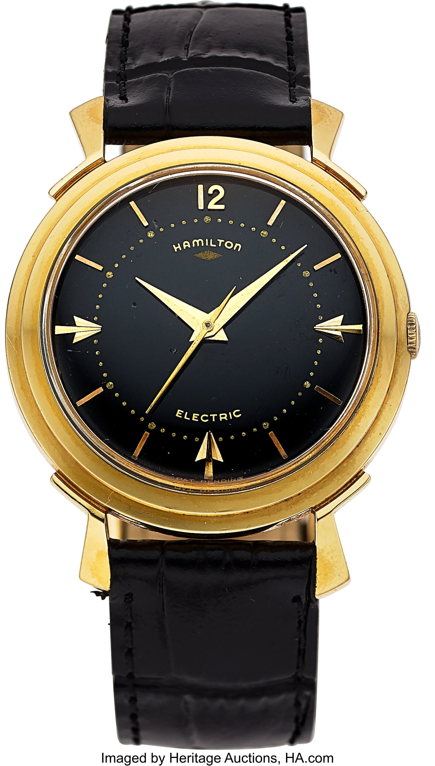 Hamilton Van Horn, 14k Yellow Gold, Black Dial : Hamilton Van Horn, 14k Yellow Gold, Black Dial Case: 35 mm, 14k yellow gold, three body, screw-down case back, fixed stepped bezel, No. S032948 D