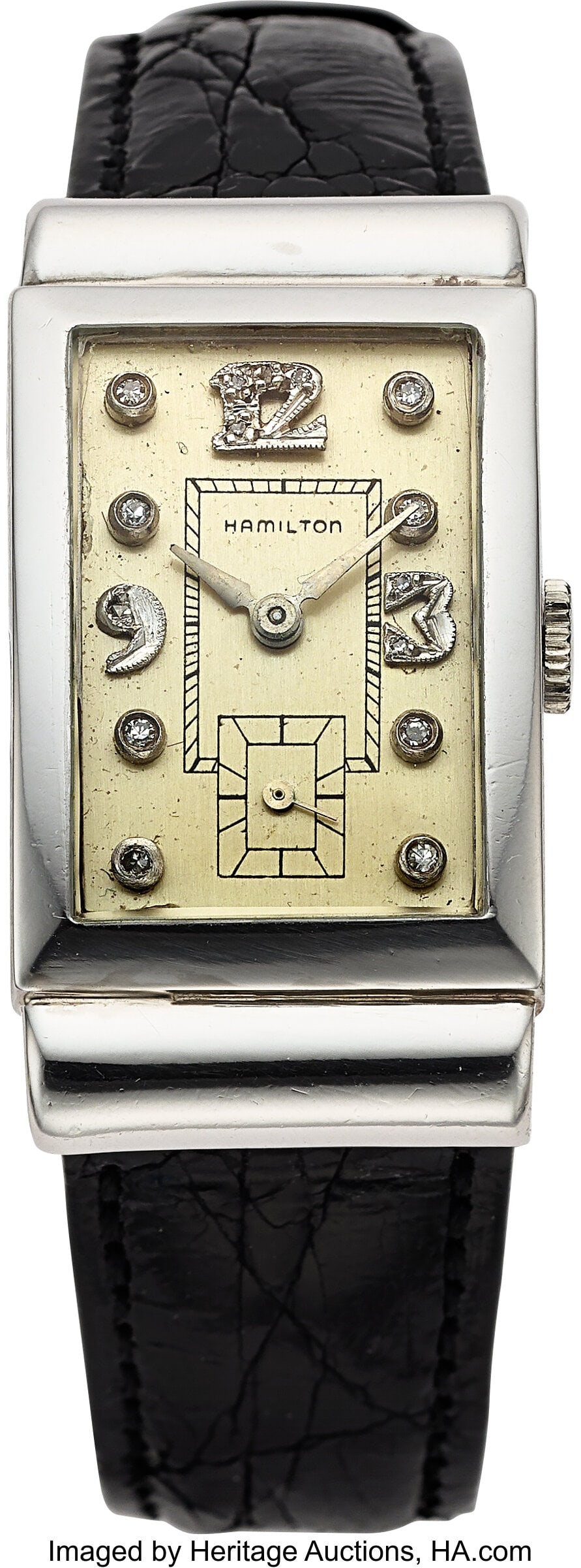 Hamilton, Mechanical Platinum, Diamond Set Dial : Hamilton, Mechanical Platinum, Diamond Set Dial Case: 21 mm x 40 mm, platinum, rectangular case, snap-on case back Dial: cream dial, diamond set dots an