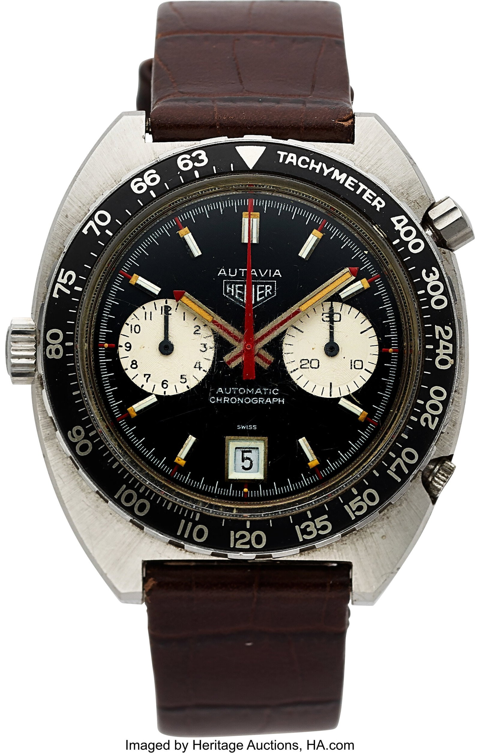 Heuer Ref. 1163 TBL Steel Autavia Automatic Chro: Heuer Ref. 1163 TBL Steel Autavia Automatic Chronograph, circa 1972 Case: stainless steel, three body, screw down back, left side crown, rounded push buttons
