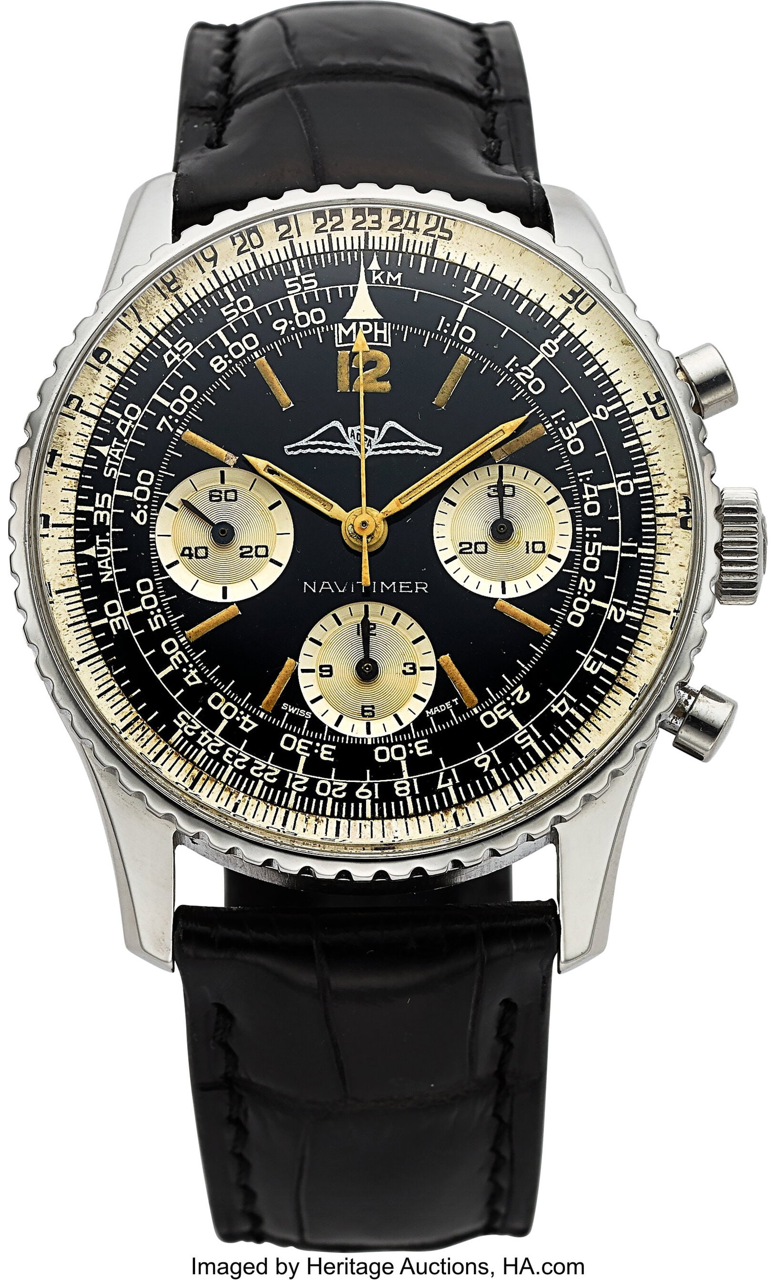 Breitling Vintage Navitimer, Black Dial, Ref. 80: Breitling Vintage Navitimer, Black Dial, Ref. 806 Case: 41 mm, stainless steel, three body, snap-on case back, bi-directional rotating chronograph beze