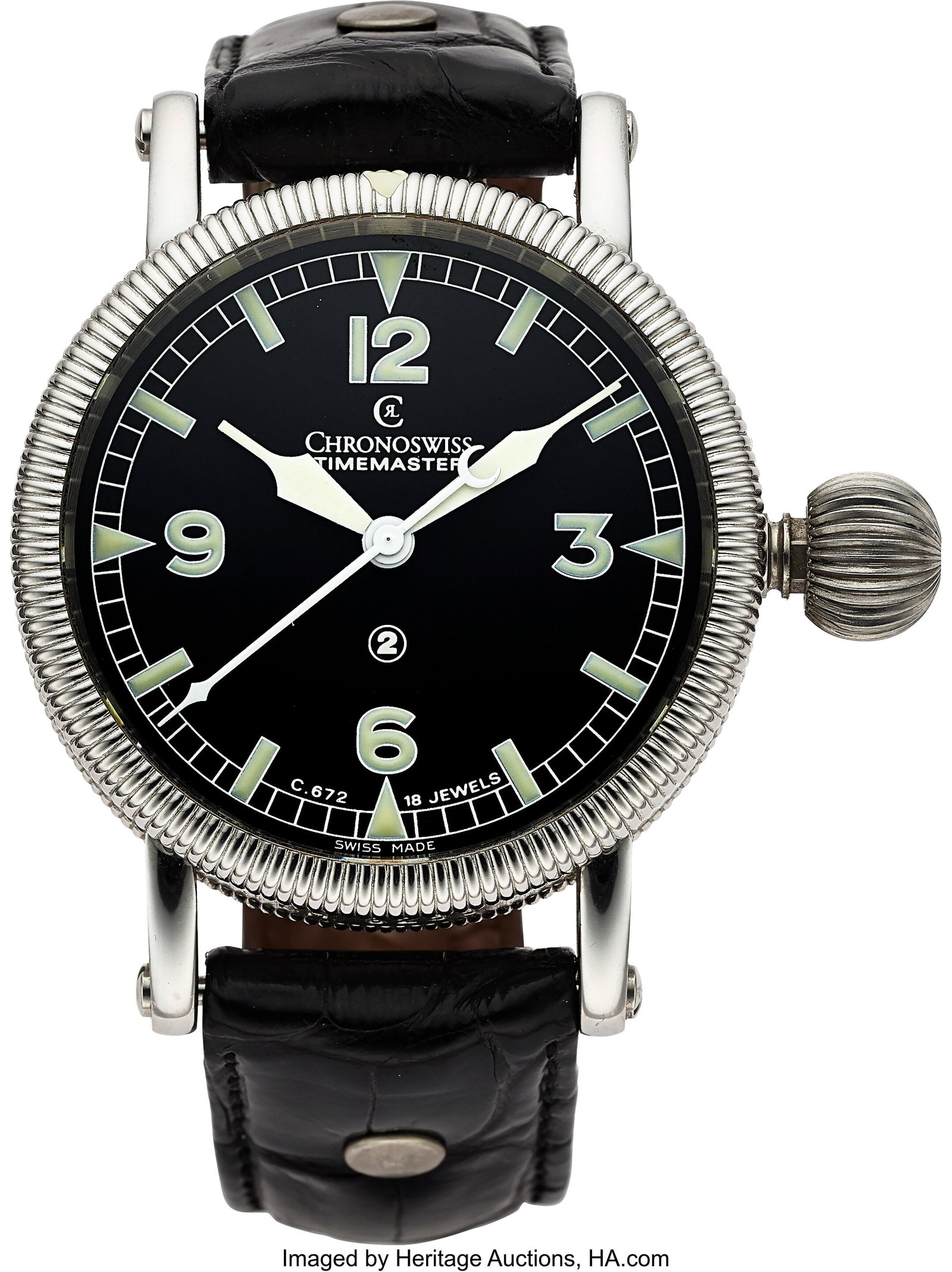 Chronoswiss Timemaster, 44 mm, Steel, Ref. CH623: Chronoswiss Timemaster, 44 mm, Steel, Ref. CH6233 Case: 44 mm, steel, three body, screw-down exhibition case back, large onion crown, bidir