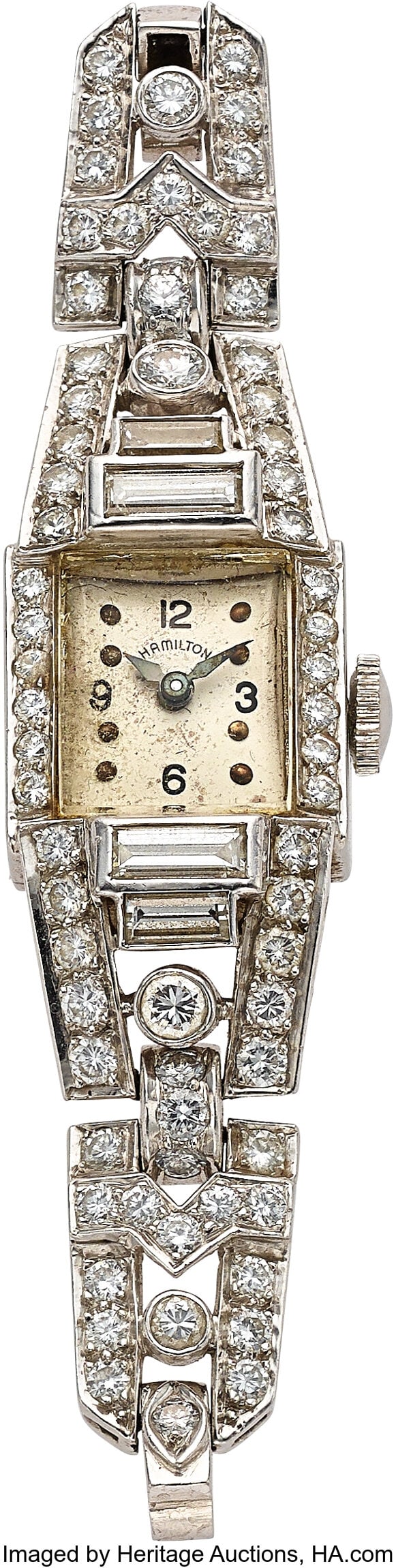 Hamilton Platinum & Diamond Deco Wristwatch Cas: Hamilton Platinum & Diamond Deco Wristwatch Case: 14 mm x 68 mm end to end, platinum, two body, fully set with round and baguette diamonds, total diamond weight appro