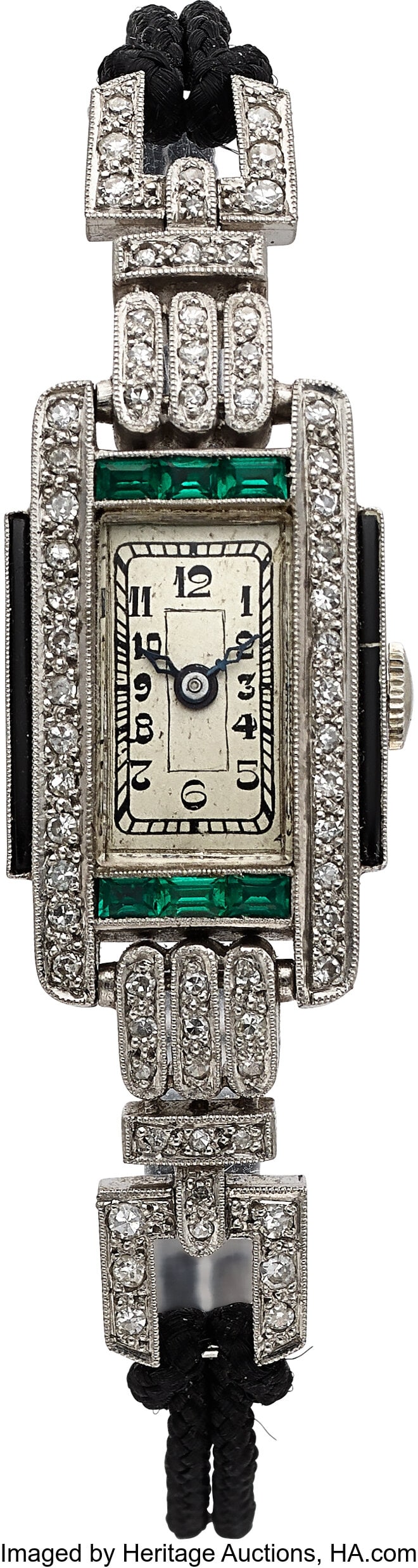 Swiss Art Deco Platinum & Diamond Wristwatch, ci: Swiss Art Deco Platinum & Diamond Wristwatch, circa 1930 Case: 16 mm x 58 mm, platinum, fully set with round diamond, synthetic emeralds, onyx Dial: silve