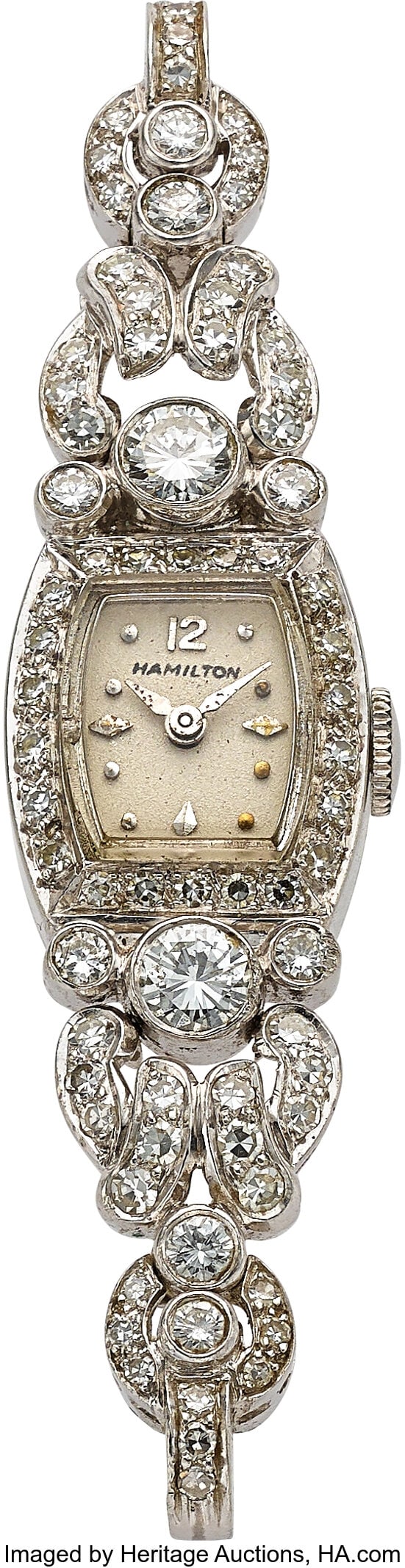 Hamilton, Lady's Platinum & Diamond Vintage Watc: Hamilton, Lady's Platinum & Diamond Vintage Watch Case: 14 mm x 64 mm end to end, platinum, two body, diamond set case and lugs, 2.00 tw. ct&perio