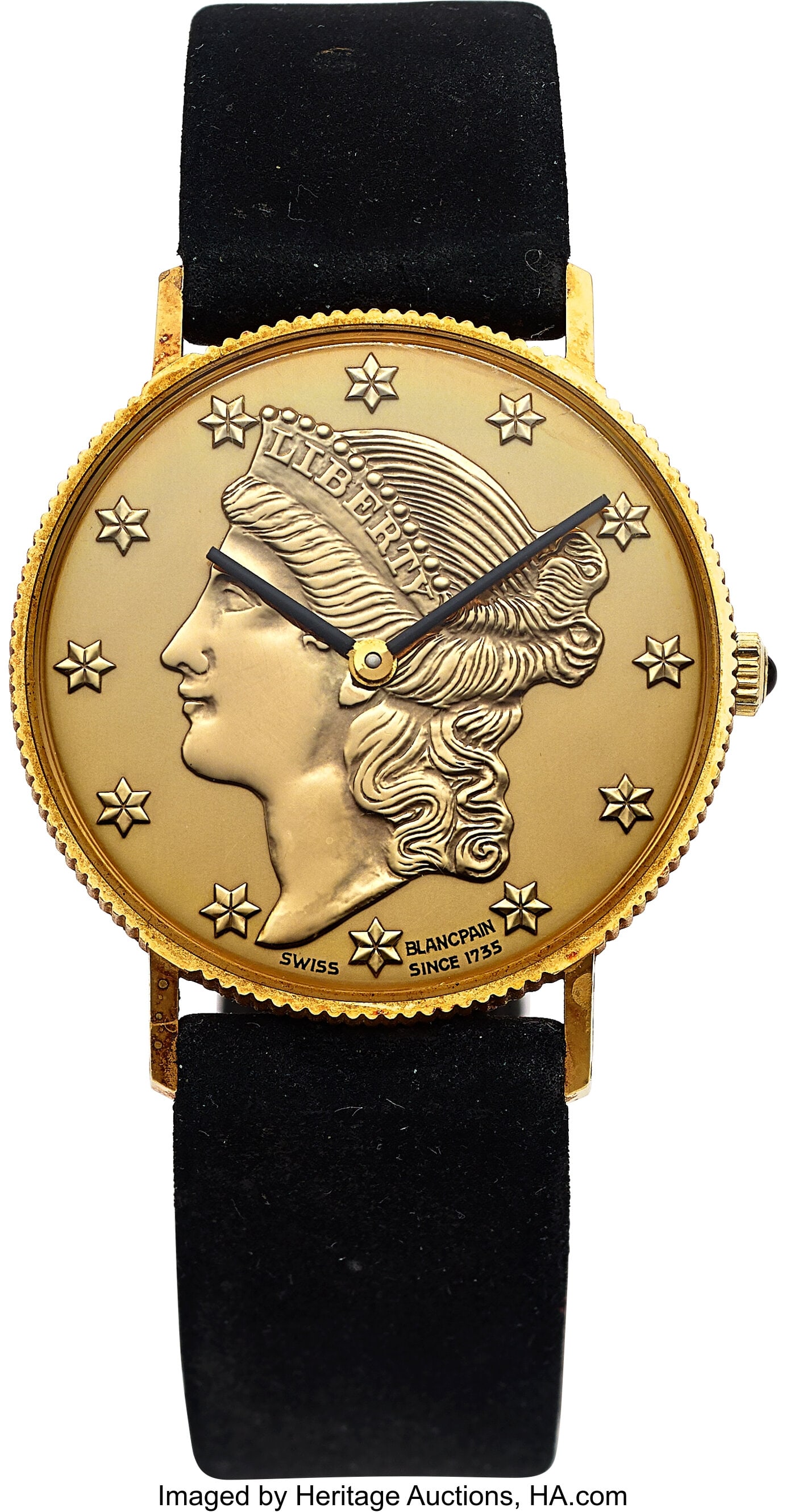 Blancpain Liberty Coin Watch, 18k Yellow Gold C: Blancpain Liberty Coin Watch, 18k Yellow Gold Case: 33 mm, 18k yellow gold, two body, two screw case back, coin edge case Dial: Liberty coin style dial,