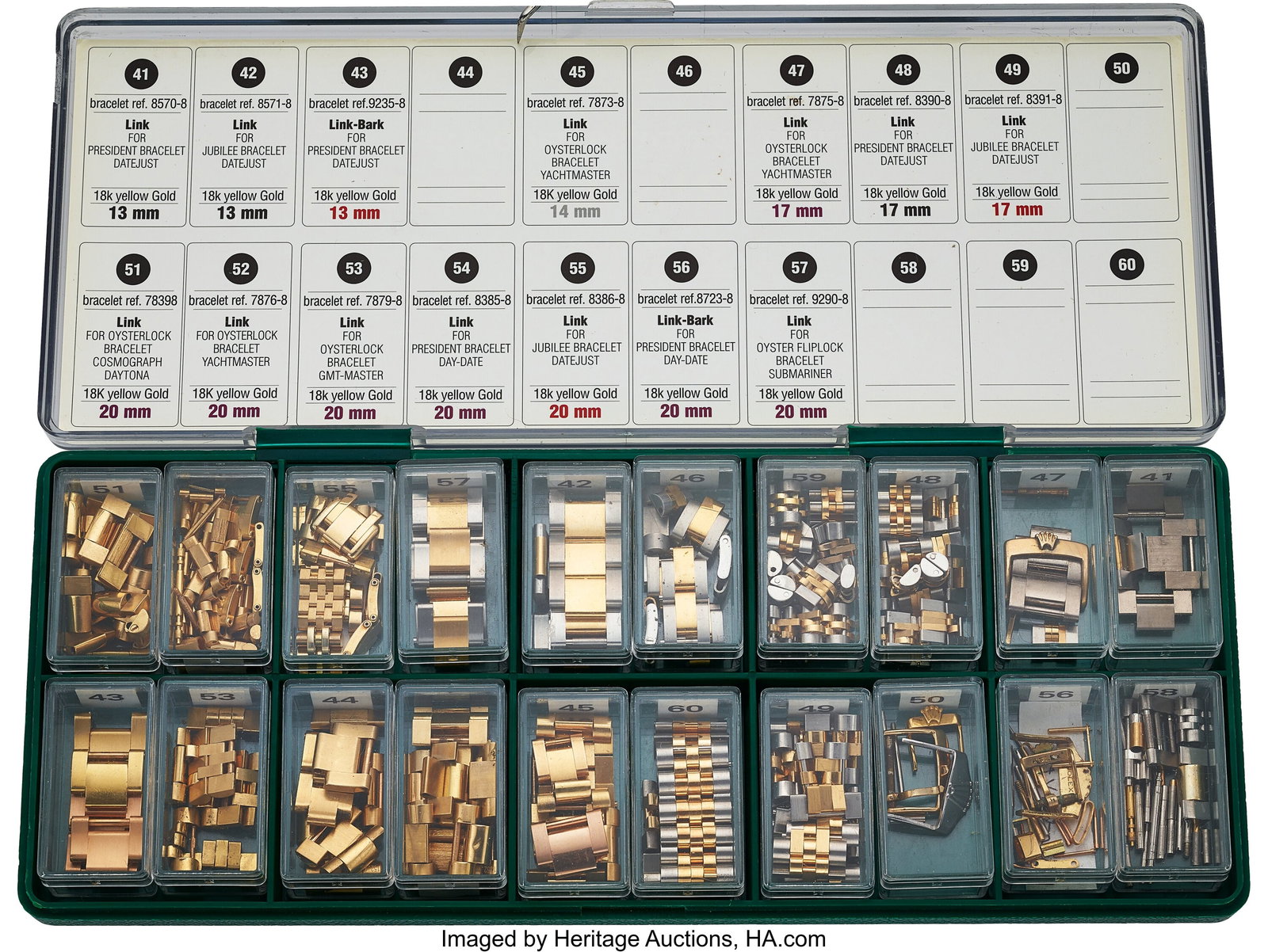 Rolex Gold Bracelet Sizing Kit With 18k Gold & T: Rolex Gold Bracelet Sizing Kit With 18k Gold & Two Tone Links Original Rolex plastic case measuring 10 x 4 inches, SK 2300-4. Interior with 20 rectangular cases holding numerous 18k g