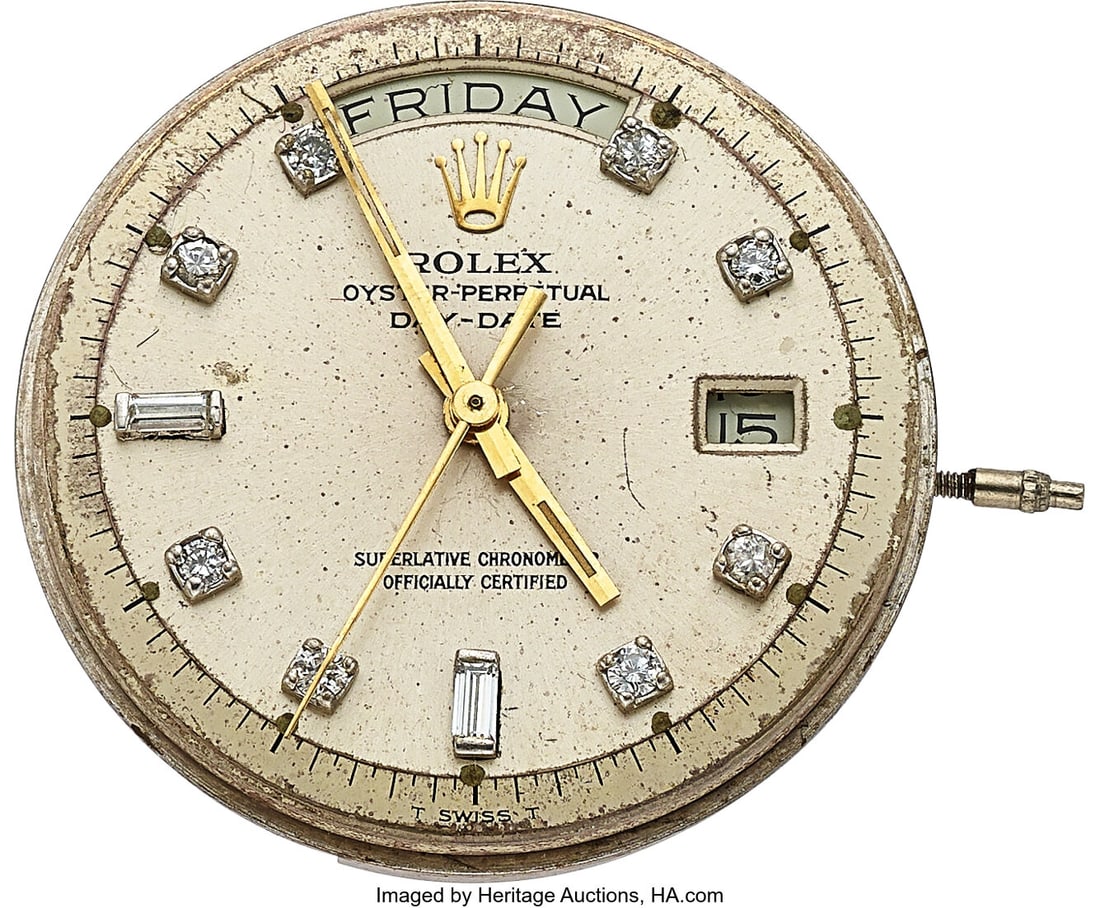 Rolex, Caliber 1556 Automatic Day-Date Movement : Rolex, Caliber 1556 Automatic Day-Date Movement With Diamond Dial Silvered diamond dial marked T Swiss T, gold baton hands, 26 jewel caliber 1556 movement HID03101062020 © 2026