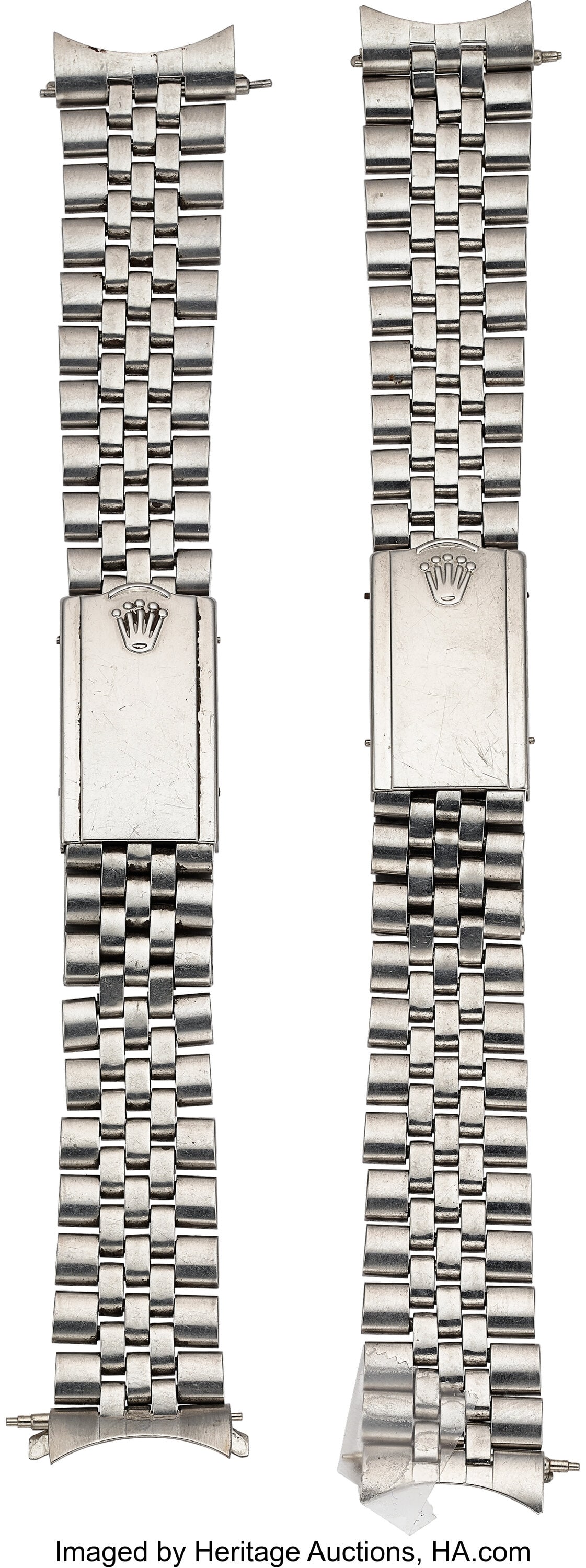 Rolex, Two JB Champion Early "Big Crown" 19 mm S: Rolex, Two JB Champion Early "Big Crown" 19 mm Steel Bracelets, circa 1960's Two five link 19 mm JB stainless steel bracelets, 6 5/8th and 6 3/8th inch lengths, deploya