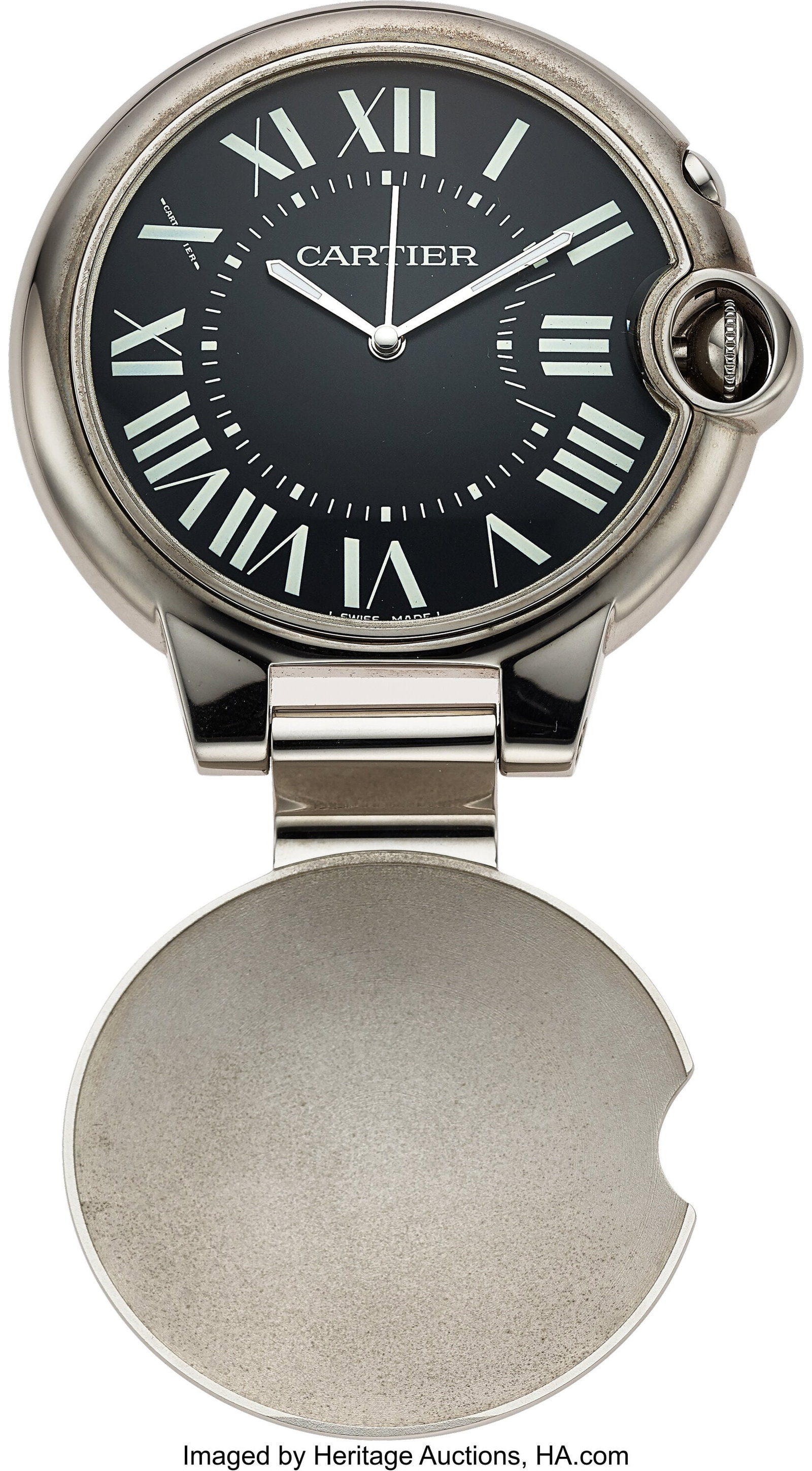 Cartier Ballon Bleu Travel Alarm Clock Case: 6: Cartier Ballon Bleu Travel Alarm Clock Case: 60mm, stainless steel, round polished Ballon Bleu-style case with integrated crown guard and blue cabochon-style crown; hinged round
