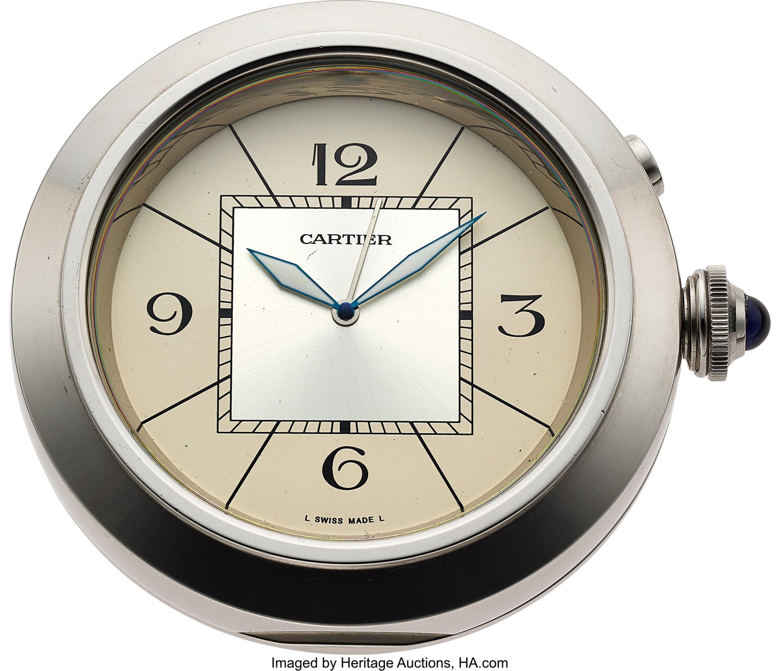 Cartier Pasha Desk Clock Case: stainless steel,: Cartier Pasha Desk Clock Case: stainless steel, round polished silver-tone case with faceted bezel, hinged feet, and signature Pasha-style chained crown cap with blue cabochon 
