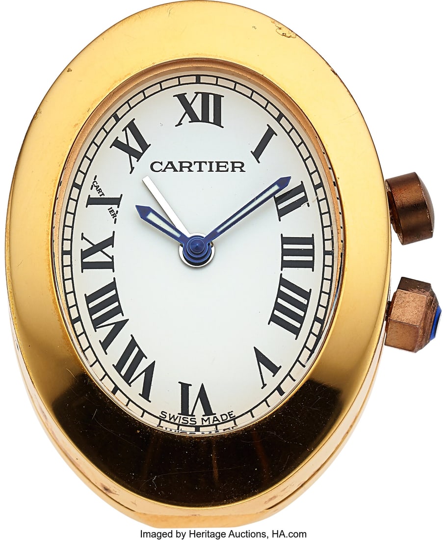 Cartier Baignoire Travel Alarm Clock Ref. 2752 : Cartier Baignoire Travel Alarm Clock Ref. 2752 Case: 34mm x 45mm, gold plate , 4 screw back, 001598UM Dial: white roman dial, luminous baton hands Movement&c
