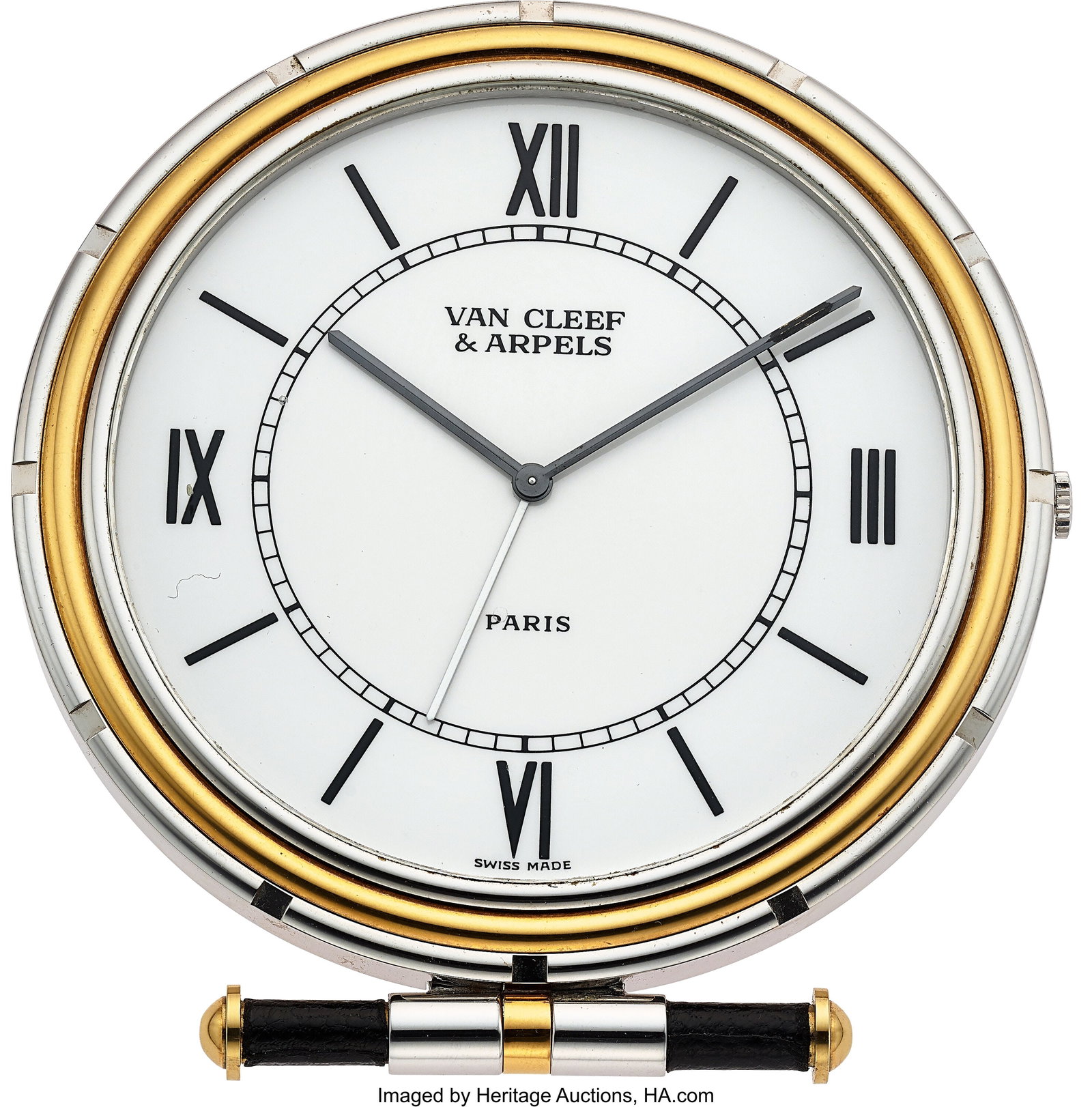 Van Cleef & Arpels Paris Swiss Alarm Desk Clock,: Van Cleef & Arpels Paris Swiss Alarm Desk Clock, Ref. 820 PO3 Case: 77mm, gold plate and steel, 082.594 Dial: white dial, black minute track&comma