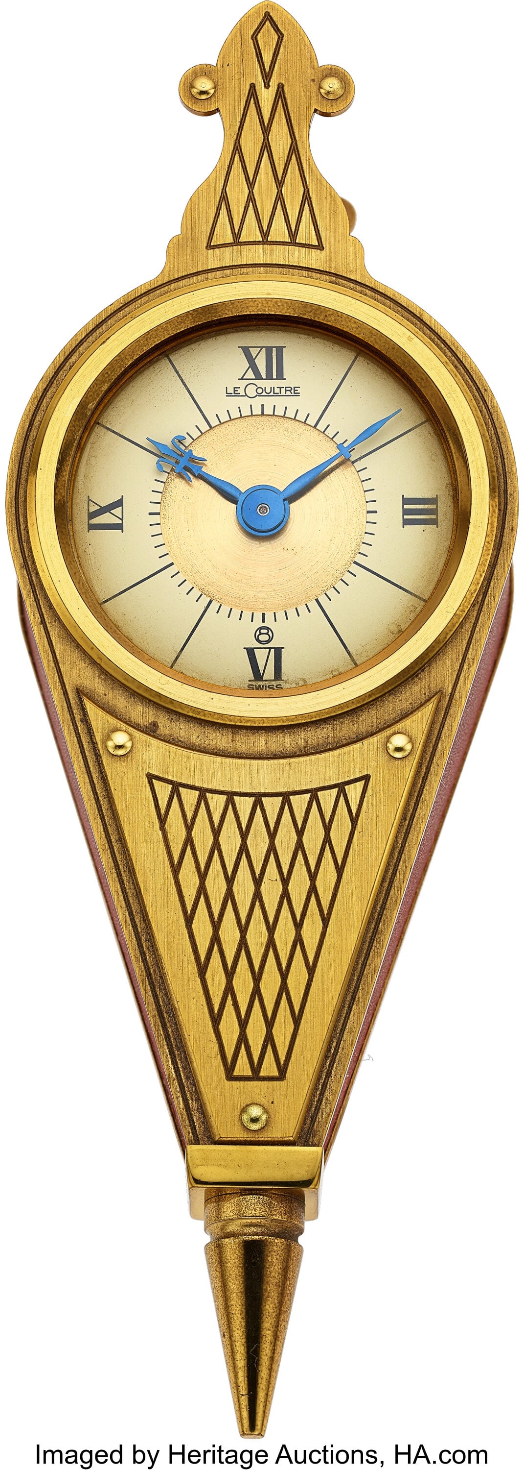 Jaeger LeCoultre, Bellows Shaped Eight-Day Clock: Jaeger LeCoultre, Bellows Shaped Eight-Day Clock, Ref. 427 Case: 60mm x 170mm, brass Dial: ivory and gold roman dial , blue hands with shaped heads. h