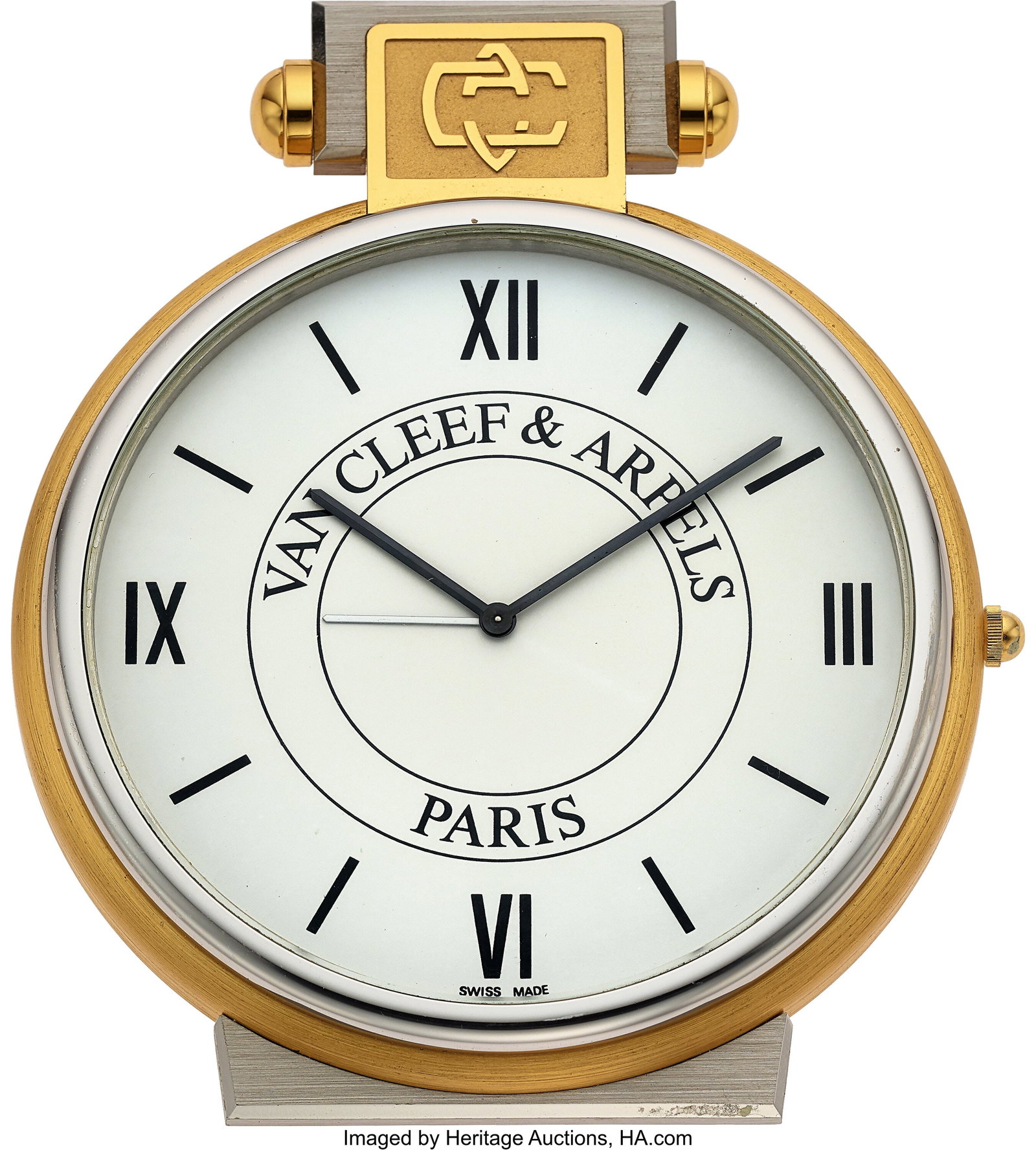 Van Cleef & Arpels Paris Swiss Alarm Desk Clock,: Van Cleef & Arpels Paris Swiss Alarm Desk Clock, Ref. 820 PO6 Case: 80mm, steel and gold plate, 42191 Dial: white roman dial , black baton hands Movement