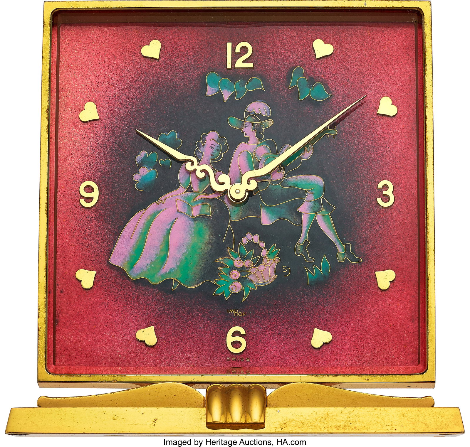 Imhof Enamel Desk Clock Lovers Case: 4 inches, : Imhof Enamel Desk Clock Lovers Case: 4 inches, brushed brass case Dial: burgundy red enamel dial with applied gold Arabic numerals at 12, 3, 6, and 9, gold he