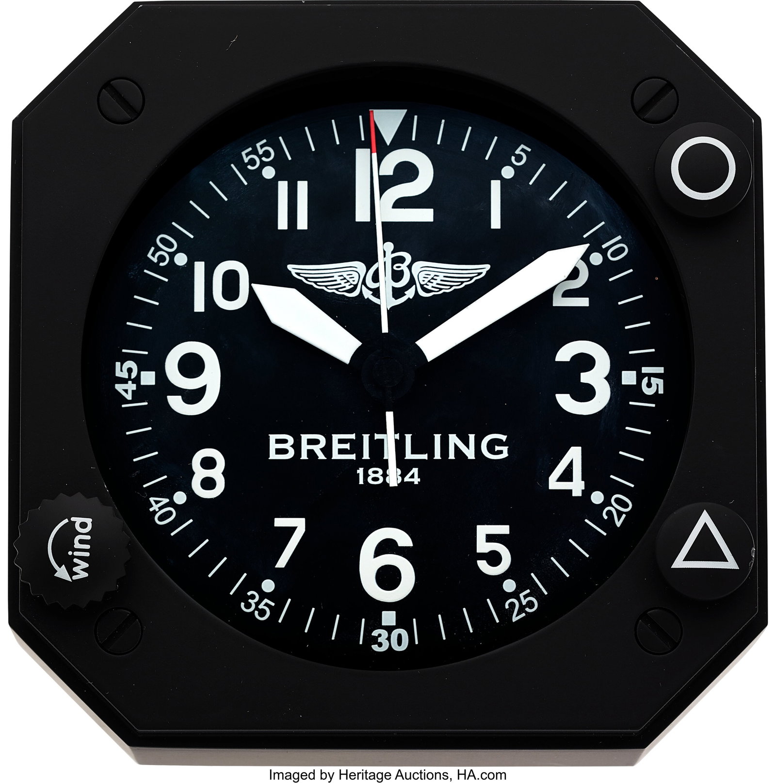 Breitling Table Clock Novelty Cockpit Chronomat : Breitling Table Clock Novelty Cockpit Chronomat Case: 4 1/2 inches, black octagonal cockpit-instrument style case with faux screw accents, side control detail, and wind kno