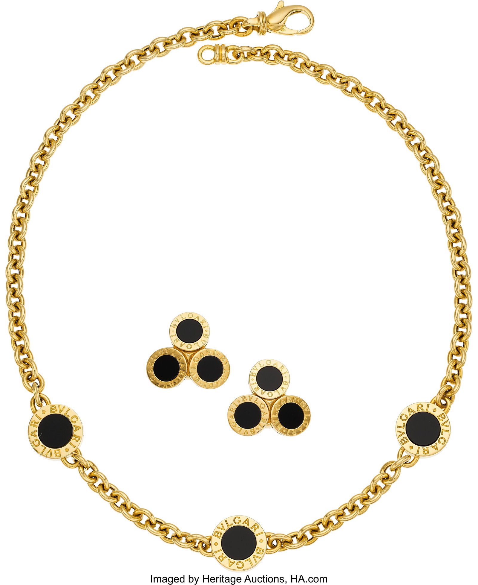Bvlgari Black Onyx, Gold Jewelry Suite Stones: : Bvlgari Black Onyx, Gold Jewelry Suite Stones: Carved black onyx Metal: 18k gold Marked: Bvlgari; for Pieffe di Fulvio Pertica Collection: Bvlgari Signature Gross We