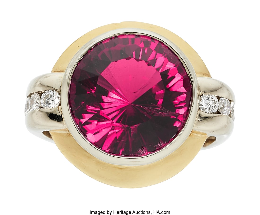 Ilka Bahn Rubellite Tourmaline, Diamond, Gold Ri: Ilka Bahn Rubellite Tourmaline, Diamond, Gold Ring Stones: Round-shaped rubellite tourmaline weighing approximately 16.50 carats; full-cut diamonds weighing a total of ap