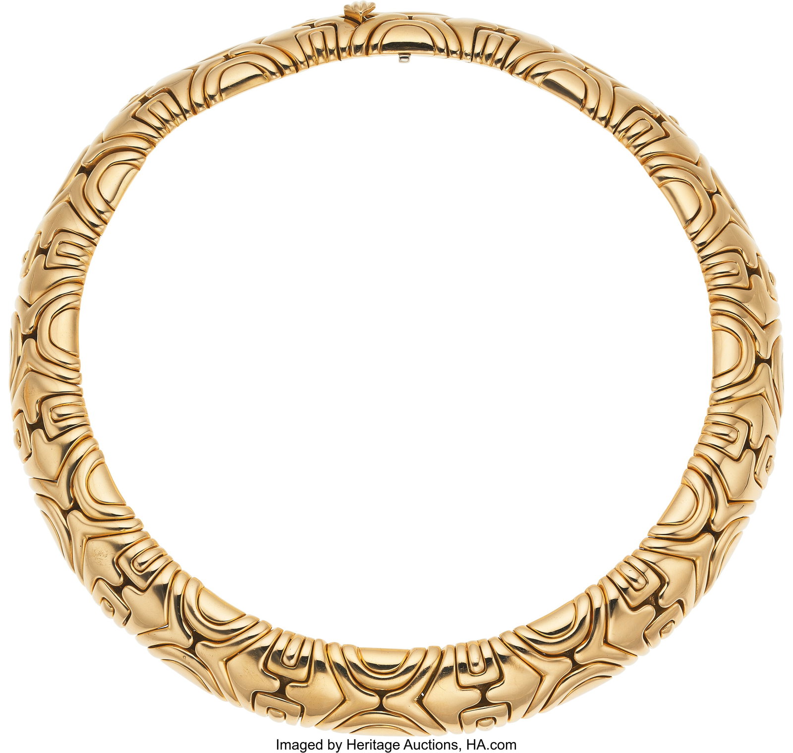 Bvlgari Gold Necklace Metal: 18k gold Marked: B: Bvlgari Gold Necklace Metal: 18k gold Marked: Bvlgari Collection: Alveare Weight: 222.80 grams Dimensions: 14-1/2 inches x 9/16 inch HID03101062020 © 