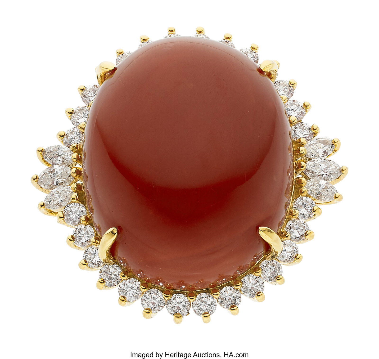 Coral, Diamond, Gold Ring Stones: Coral cabocho: Coral, Diamond, Gold Ring Stones: Coral cabochon; marquise and full-cut diamonds weighing a total of 2.50 carats Metal: 14k gold Gross Weight: 26.20