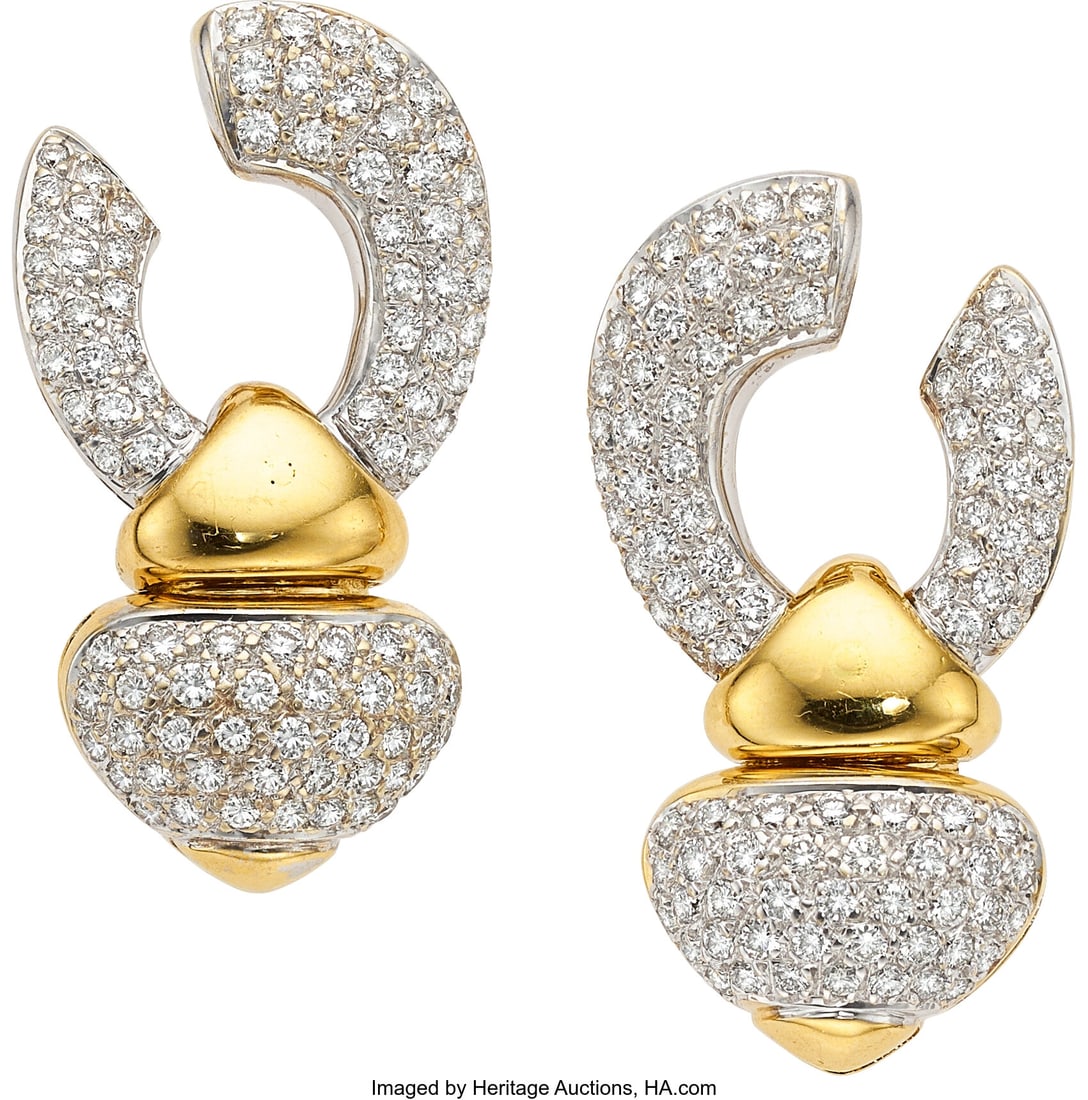 Diamond, Gold Earrings Stones: Full-cut diamond: Diamond, Gold Earrings Stones: Full-cut diamonds weighing a total of 2.82 carats Metal: 18k gold Gross Weight: 29.70 grams Dimensions: 1-3/8 inches x