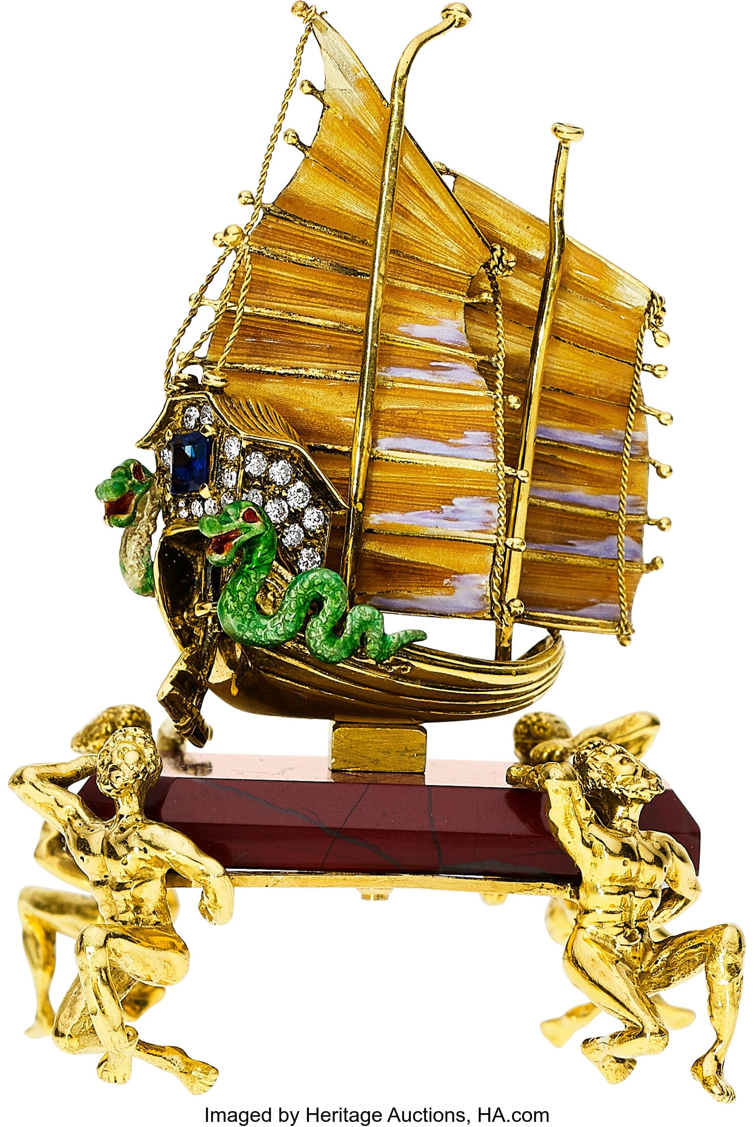 Boris LeBeau Diamond, Sapphire, Jasper, Enamel, : Boris LeBeau Diamond, Sapphire, Jasper, Enamel, Gold Brooch and Stand Stones: Full and single-cut diamonds weighing a total of approximately 0.40 carat;