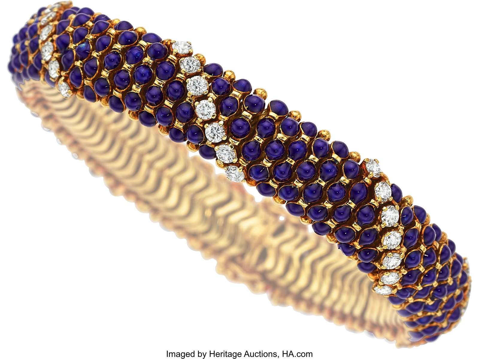 Diamond, Enamel, Gold Bracelet Stones: Full-cut: Diamond, Enamel, Gold Bracelet Stones: Full-cut diamonds weighing a total of approximately 3.50 carats Element: Enamel Metal: 18k gold Gross Weight: