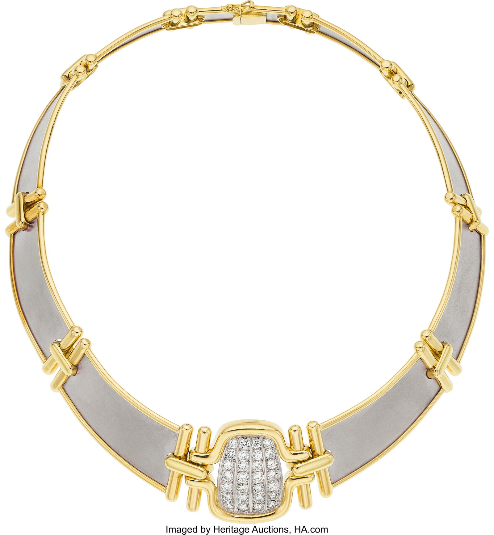 Diamond, Platinum, Gold Necklace Stones: Full-c: Diamond, Platinum, Gold Necklace Stones: Full-cut diamonds weighing a total of approximately of 2.00 carats Metal: Platinum and 18k gold Gross Weight: