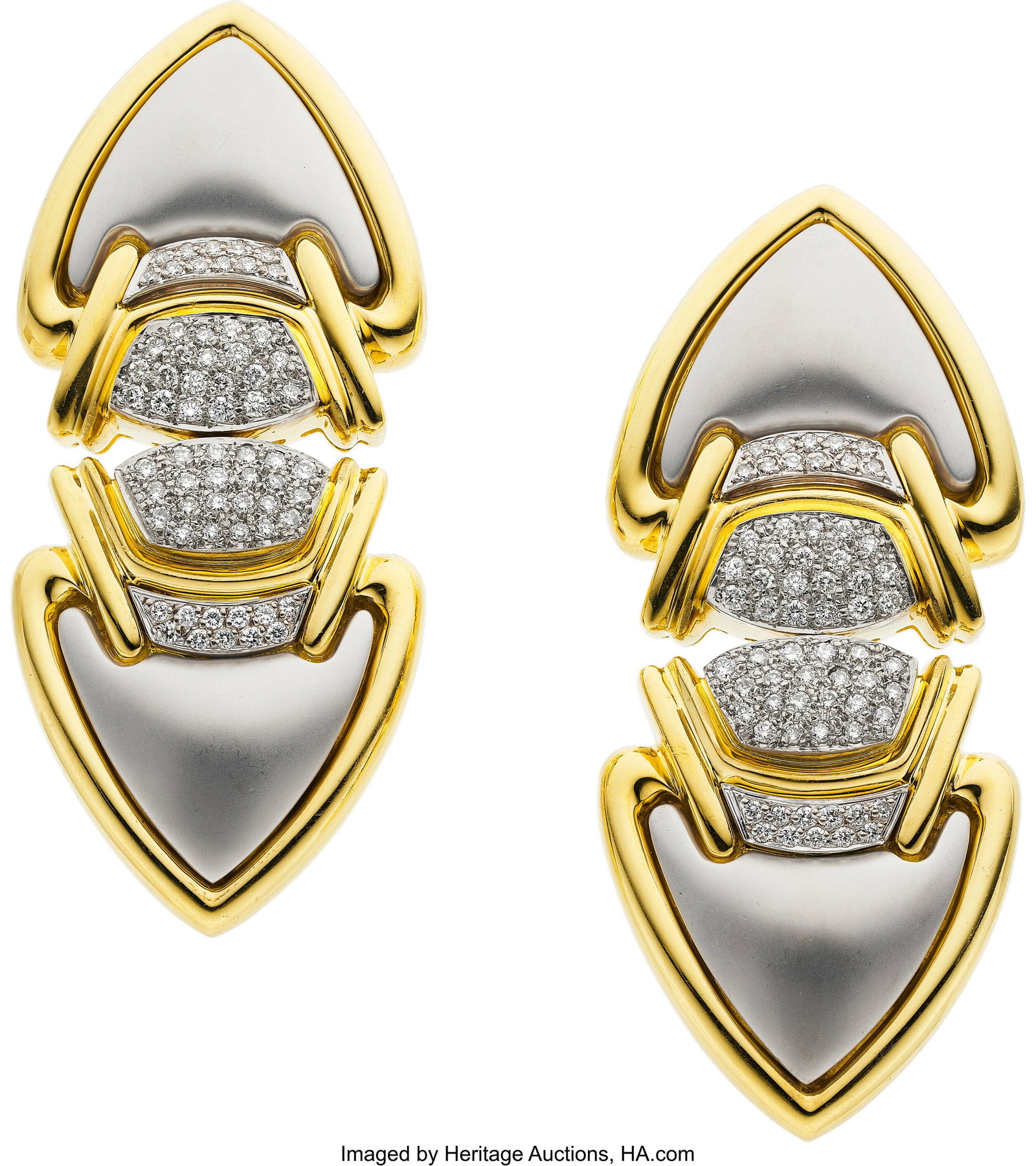 Diamond, Gold Earrings Stones: Full-cut diamond: Diamond, Gold Earrings Stones: Full-cut diamonds weighing a total of approximately 2.00 carats Metal: 18k white and yellow gold Gross Weight: 50.60 grams