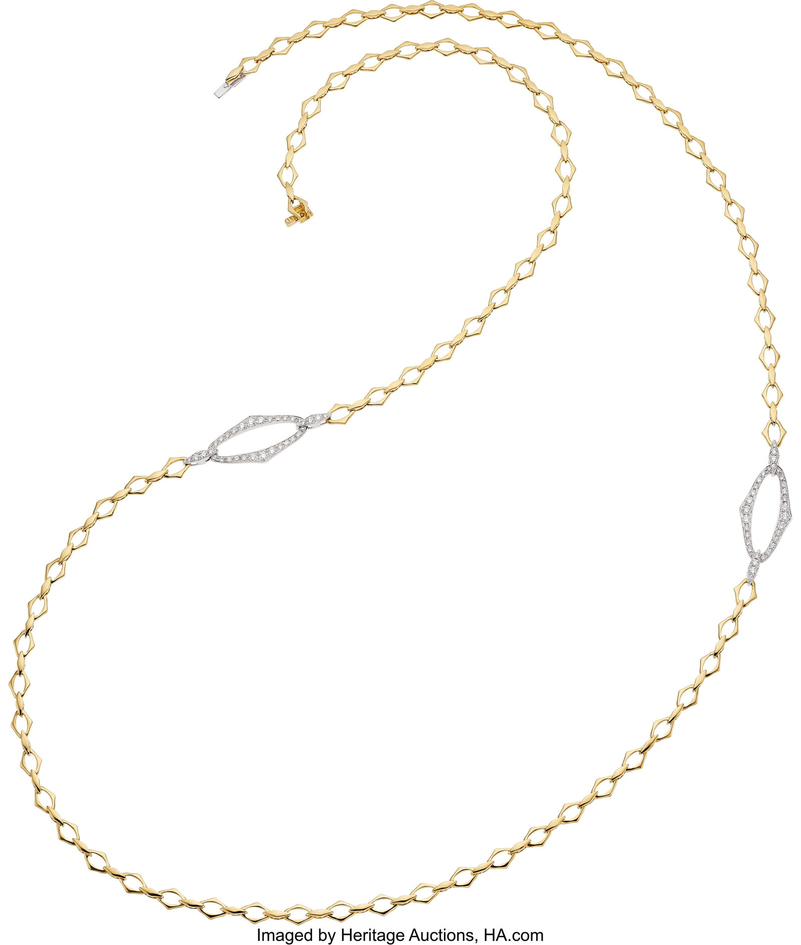 Diamond, Gold Necklace Stones: Full-cut diamond: Diamond, Gold Necklace Stones: Full-cut diamonds weighing a total of 1.70 carats Metal: 18k white and yellow gold Marked: for HKJT Partnership Gross Weight: