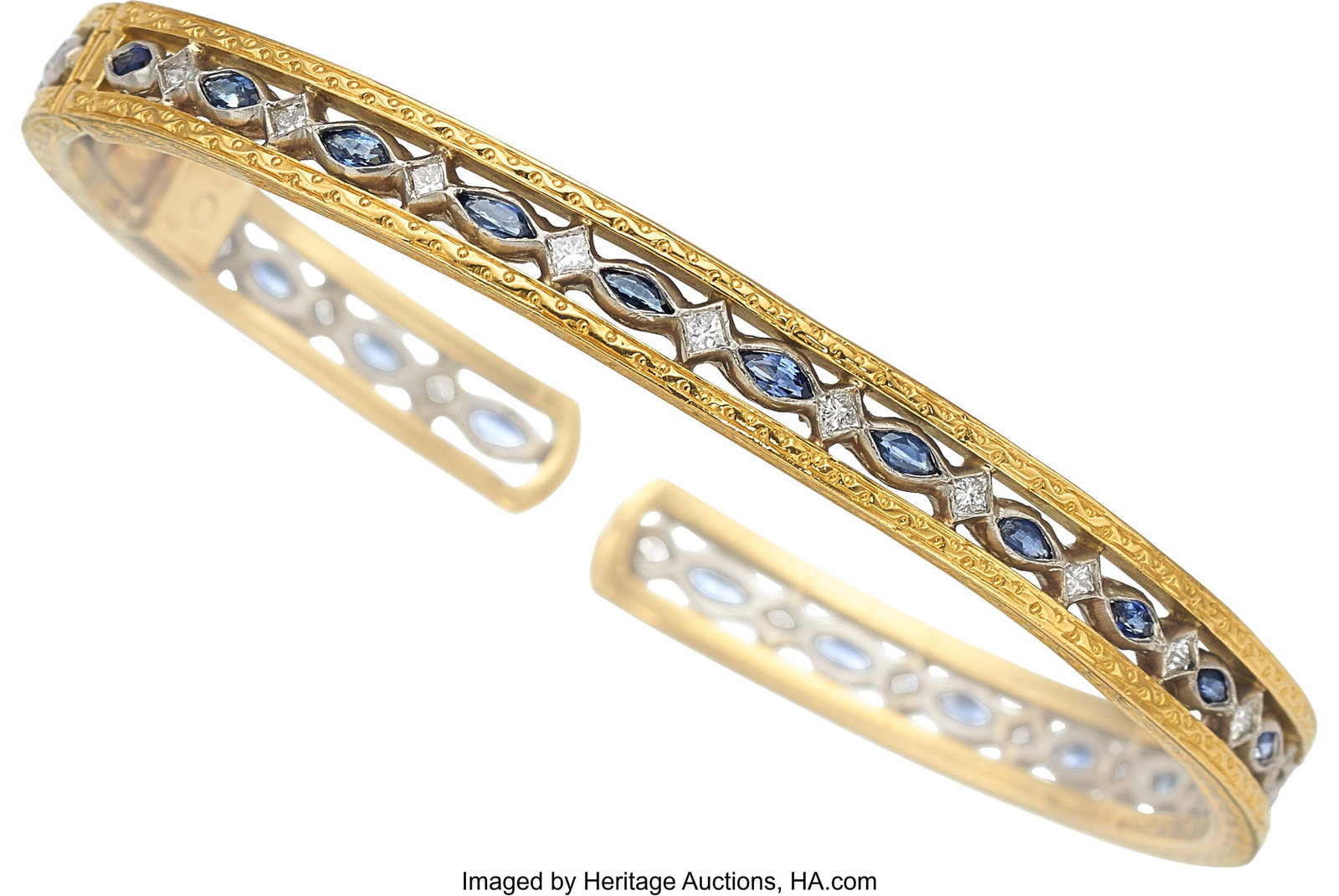 Loree Rodkin Diamond, Sapphire, Platinum, Gold B: Loree Rodkin Diamond, Sapphire, Platinum, Gold Bracelet Stones: Square-shaped diamonds weighing a total of approximately 0.65 carat; marquise-shaped sapphires