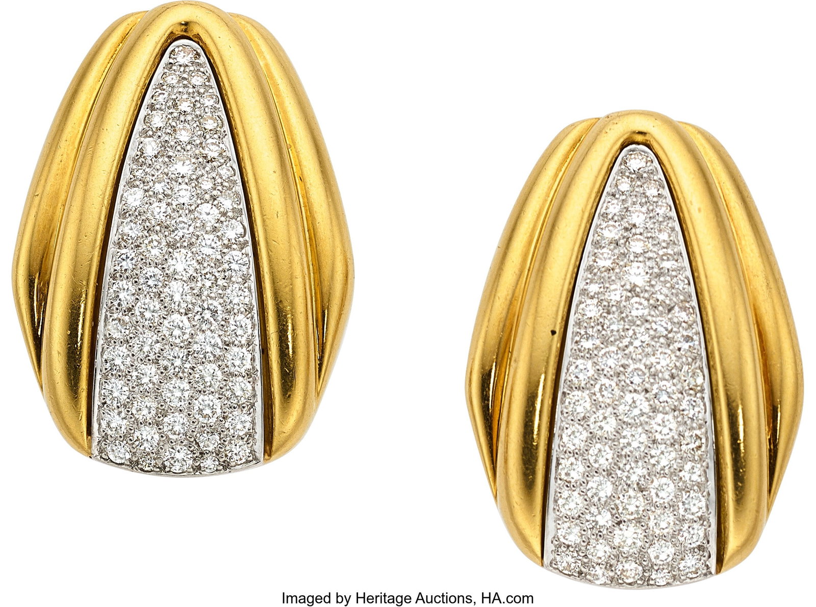 Andrew Clunn Diamond, Platinum, Gold Earrings : Andrew Clunn Diamond, Platinum, Gold Earrings Stones: Full-cut diamonds weighing a total of approximately 2.15 carats Metal: Platinum and 18k gold Marked: for