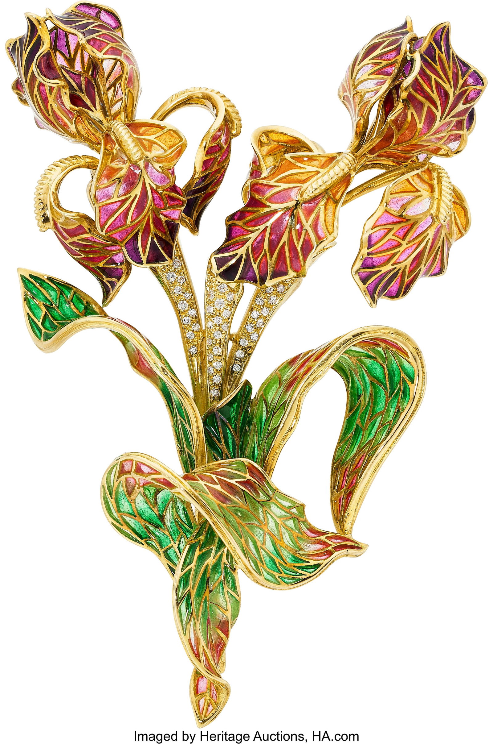 Ruven Perelman Diamond, Plique-à-Jour Enamel, : Ruven Perelman Diamond, Plique-à-Jour Enamel, Gold Brooch Stones: Single-cut diamonds weighing a total of approximately 0.20 carat Element: Plique-à-jour