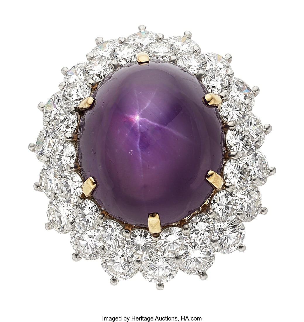 Ceylon Purple Star Sapphire, Diamond, Platinum, : Ceylon Purple Star Sapphire, Diamond, Platinum, Gold Ring Stones: Purple star sapphire cabochon; full-cut diamonds weighing a total of approximately 4.50 carats Met