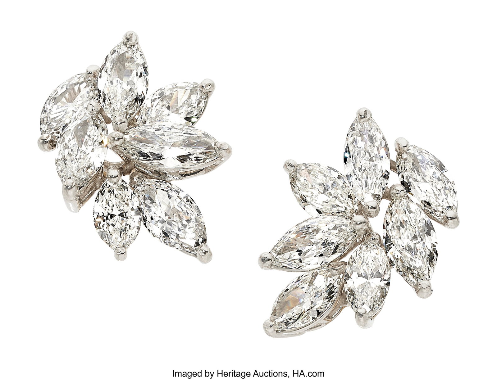 Diamond, Platinum, White Gold Earrings Stones: : Diamond, Platinum, White Gold Earrings Stones: Marquise-shaped diamonds weighing a total of approximately 6.00 carats Metal: Platinum and 14k white gold Gross Weight&col
