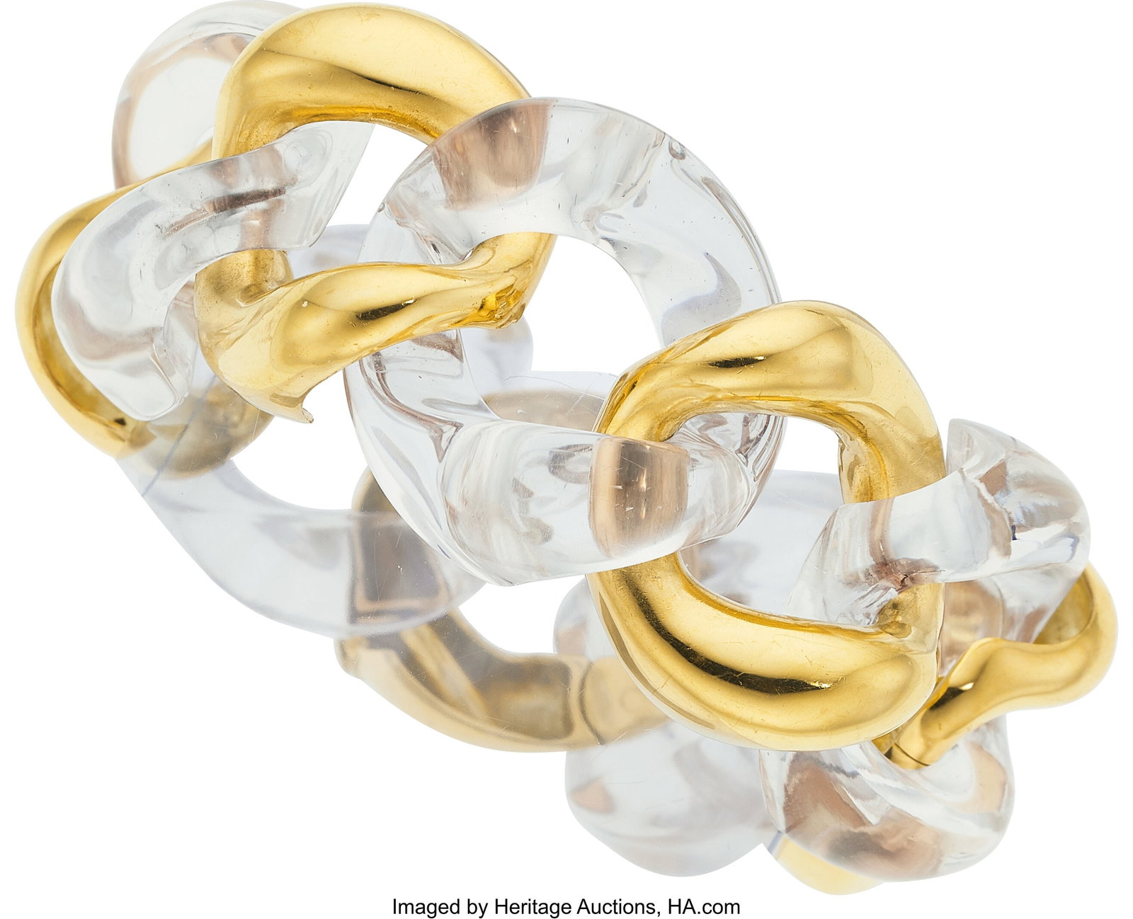 Seaman Schepps Rock Crystal Quartz, Gold Bracele: Seaman Schepps Rock Crystal Quartz, Gold Bracelet Stones: Carved rock crystal quartz Metal: 18k gold Marked: Seaman Schepps Gross Weight: 119.70 grams Dimensions&c