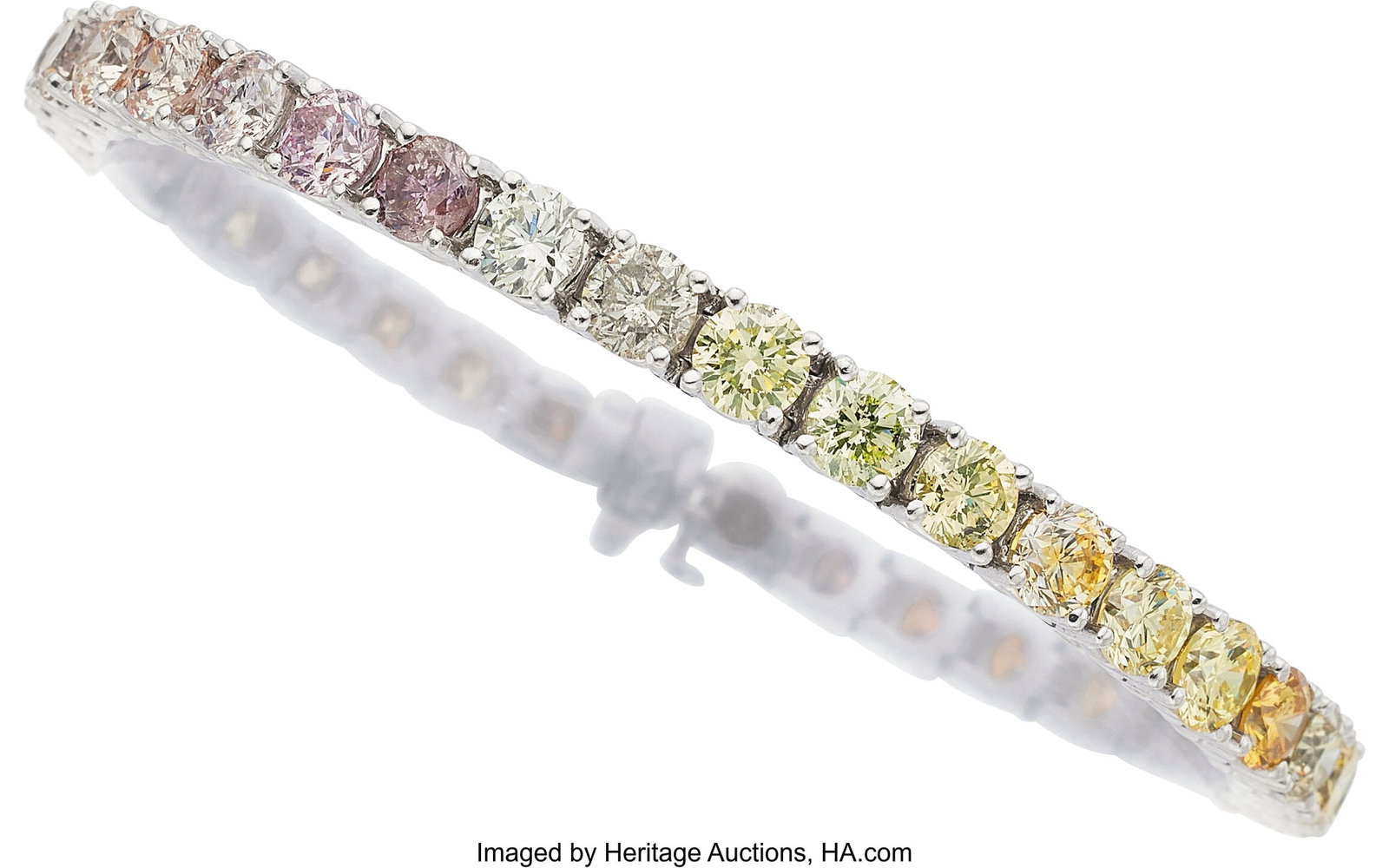 Colored Diamond, Platinum Bracelet Stones: Full: Colored Diamond, Platinum Bracelet Stones: Full-cut colored diamonds weighing a total of approximately 15.00 carats Metal: Platinum Gross Weight: 33.80 grams Dime