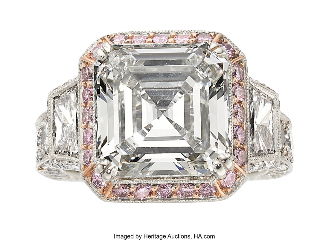 Jack Kelége Diamond, Colored Diamond, Platinum,: Jack Kelége Diamond, Colored Diamond, Platinum, Rose Gold Ring Stones: Square emerald-cut diamond weighing 5.77 carats; full-cut diamonds weighing a total of
